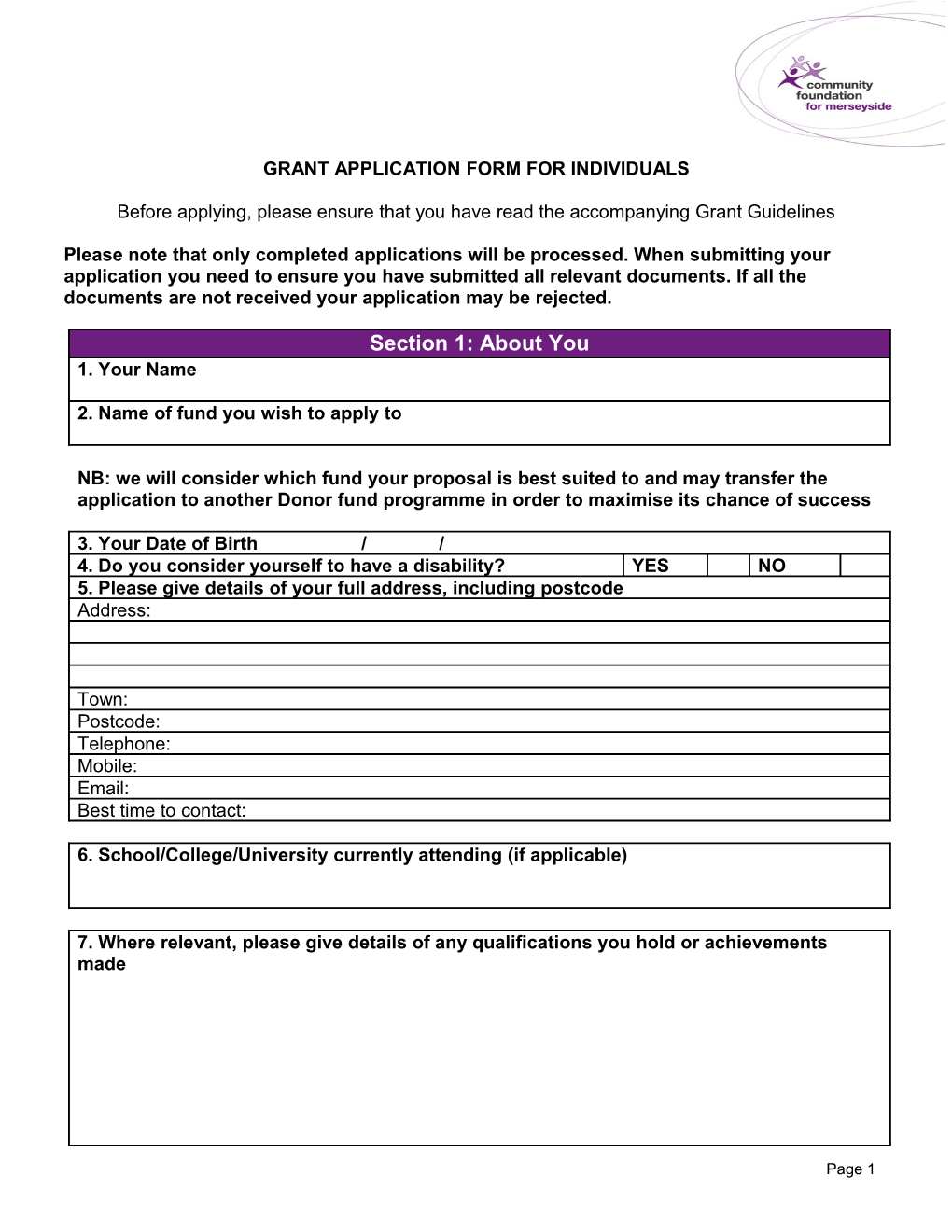 Grant Application Form for Individuals
