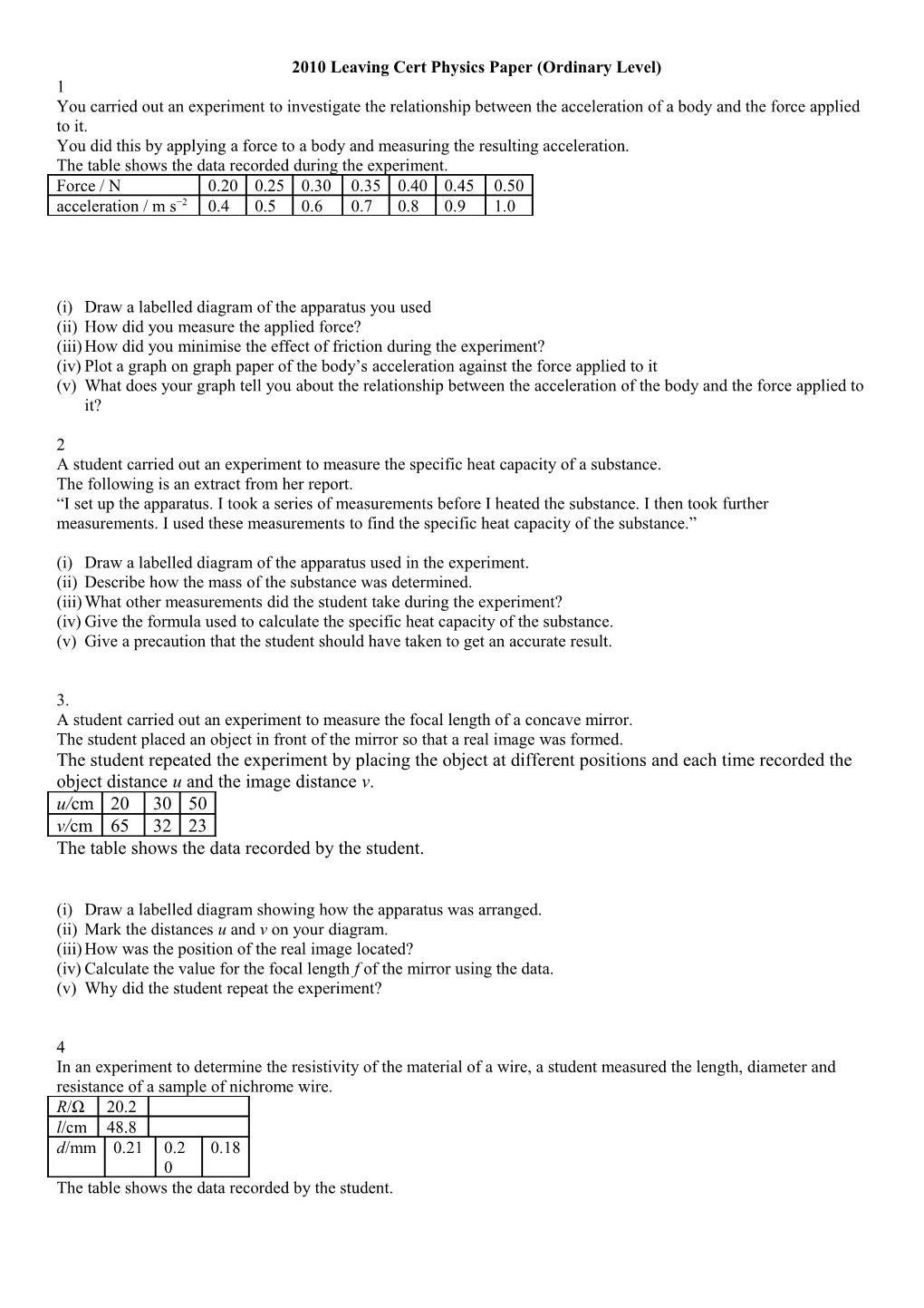 2010 Leaving Cert Physics Paper (Ordinary Level)