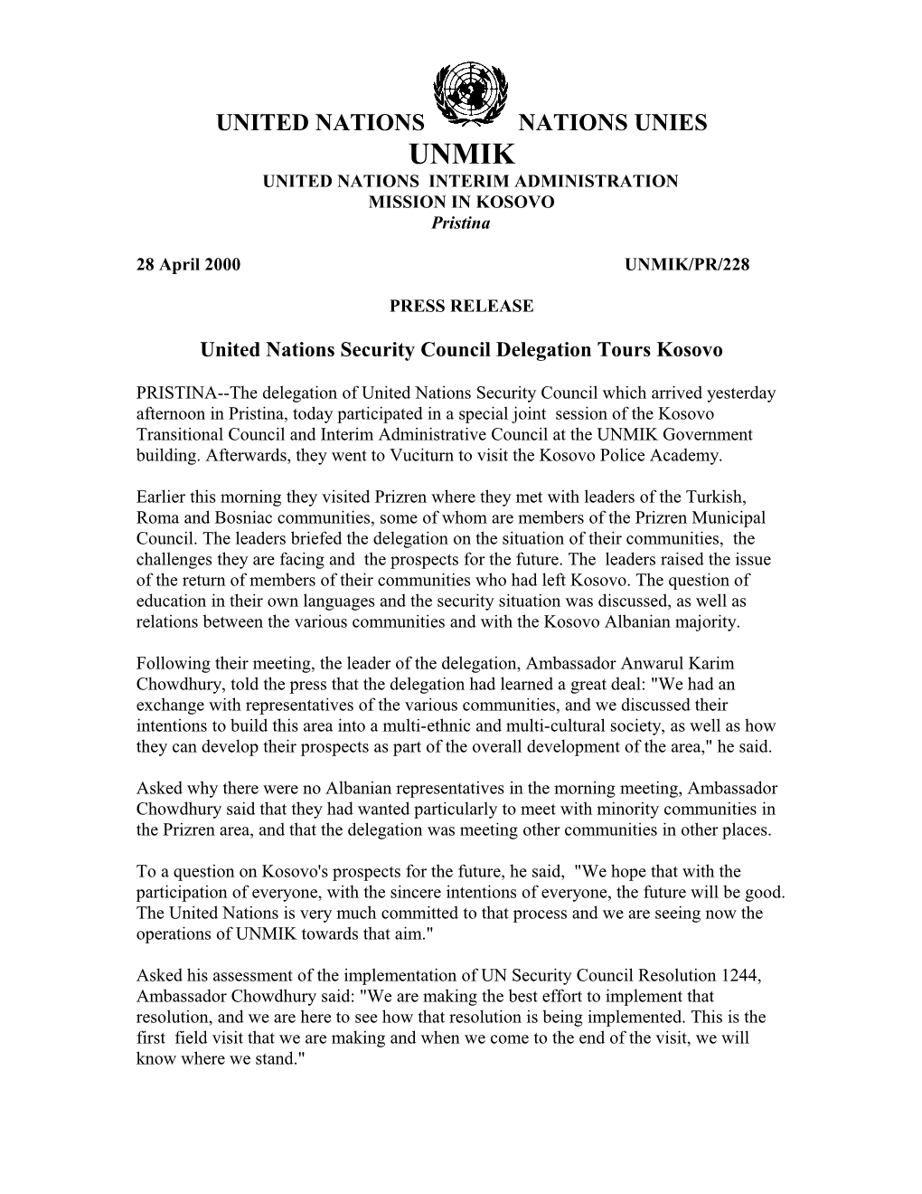 28/04/2000 - United Nations Security Council Delegation Tours Kosovo