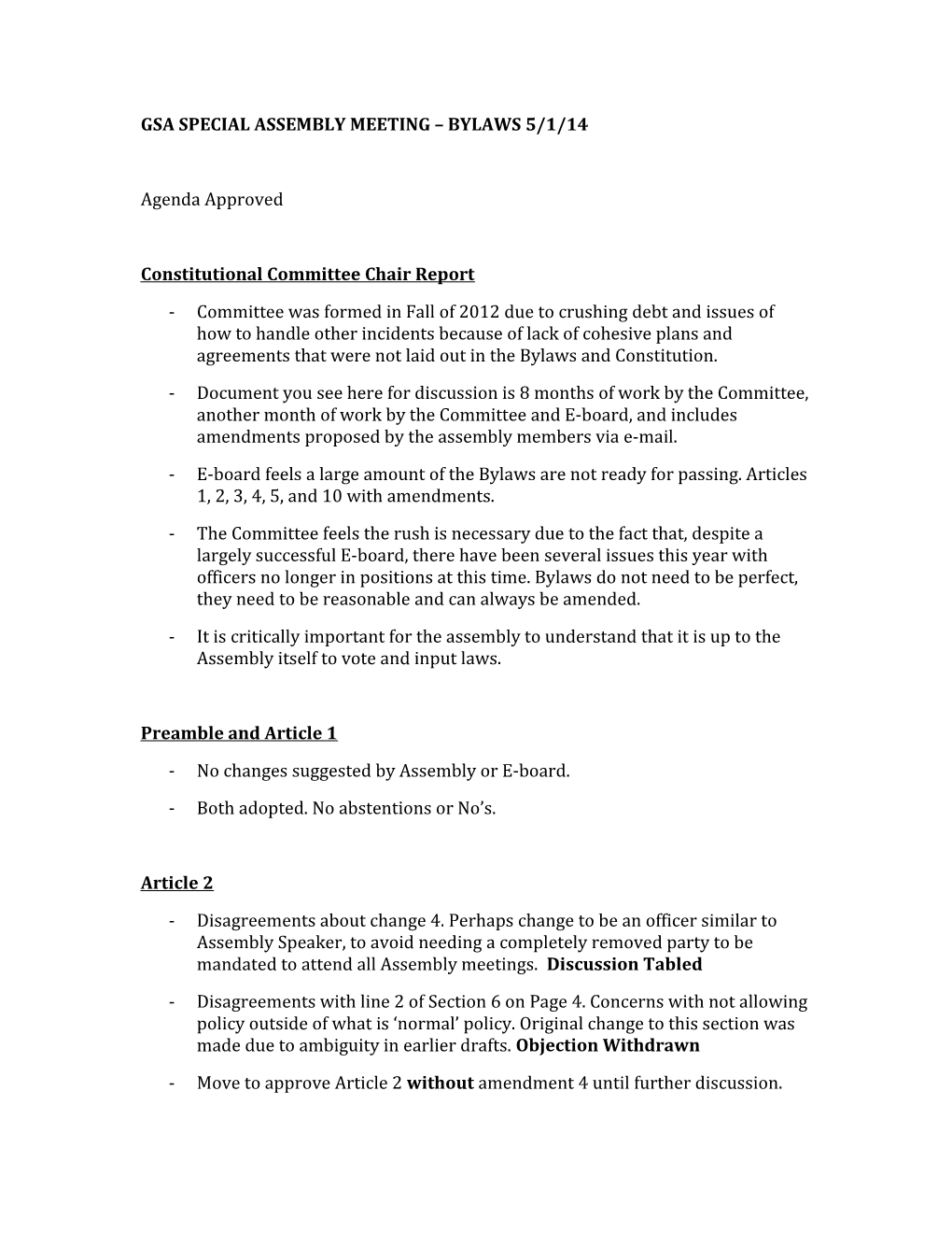 Gsa Special Assembly Meeting Bylaws 5/1/14