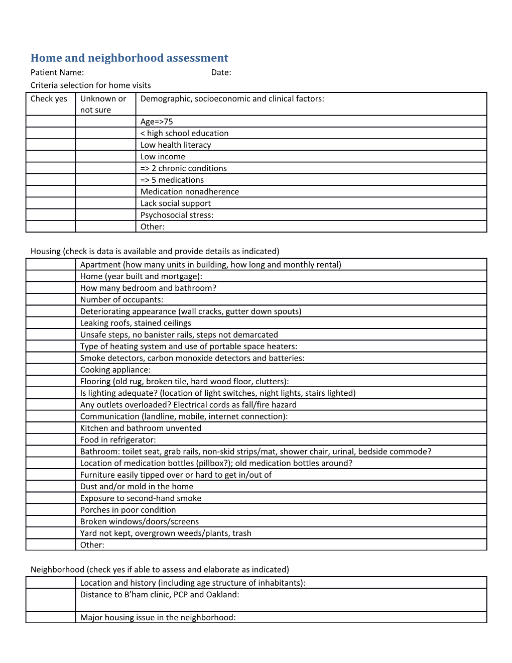 Home and Neighborhood Assessment