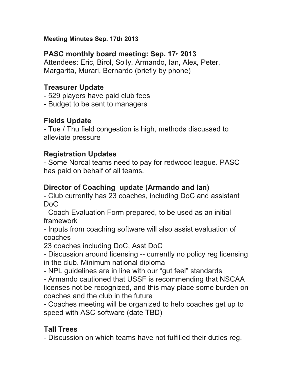 PASC Monthly Board Meeting: Sep. 17Th 2013