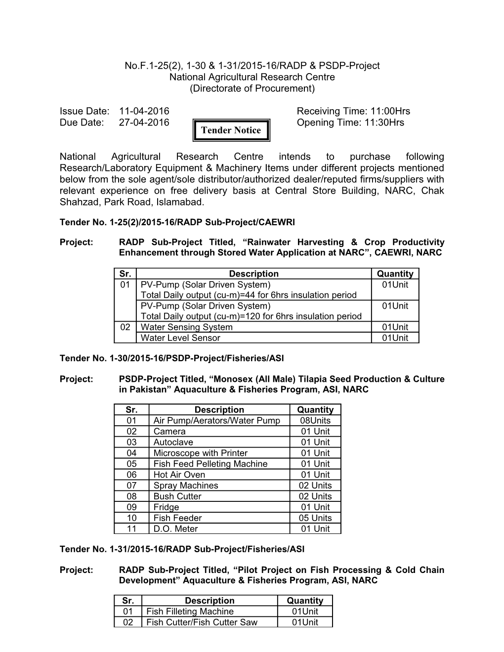 No.F.1-25(2), 1-30 & 1-31/2015-16/RADP & PSDP-Project