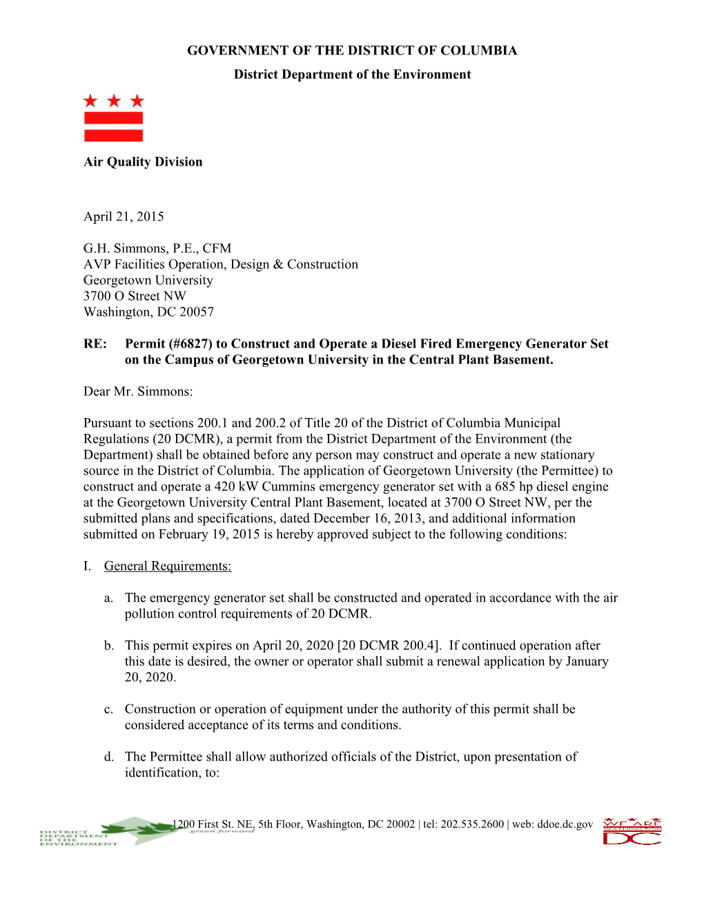 Permit (#6827) to Construct and Operate a Diesel Fired Emergency Generator