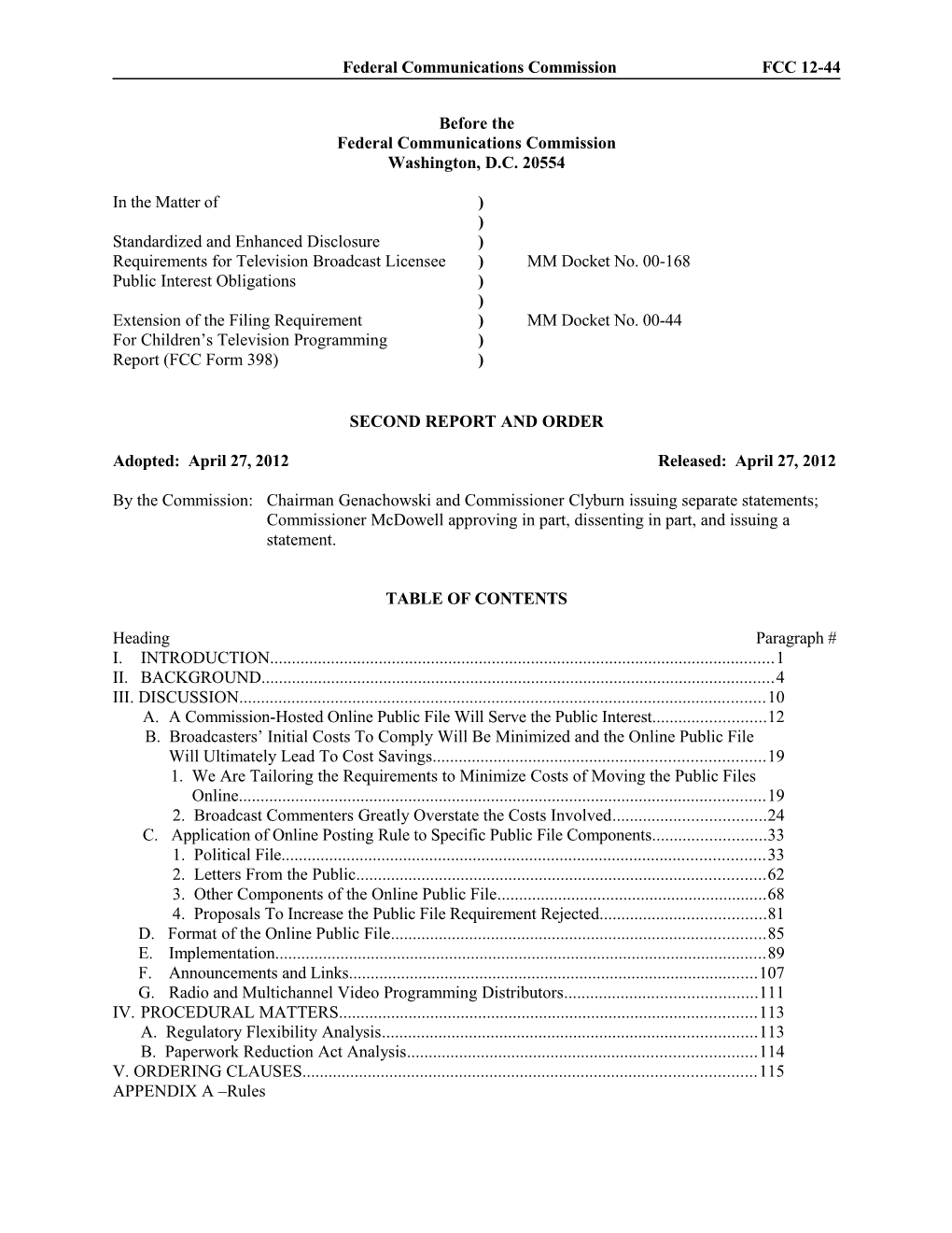 Federal Communications Commission FCC 12-44