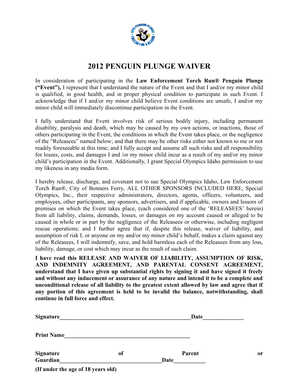 2012 Penguin Plunge Waiver