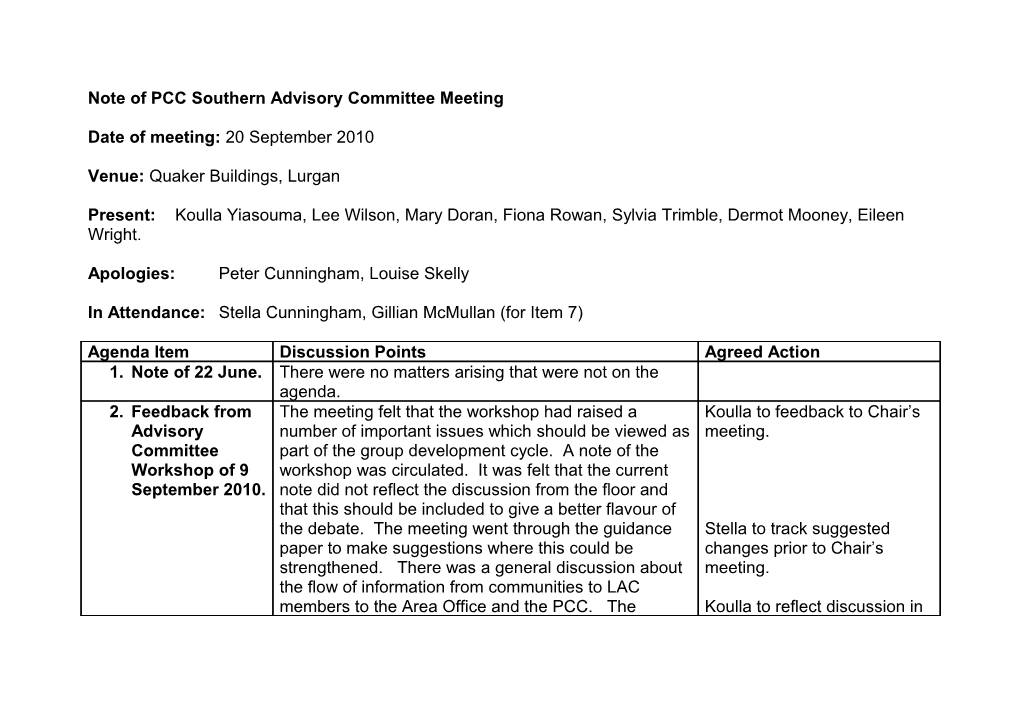 Note of PCC Southern Advisory Committee Meeting