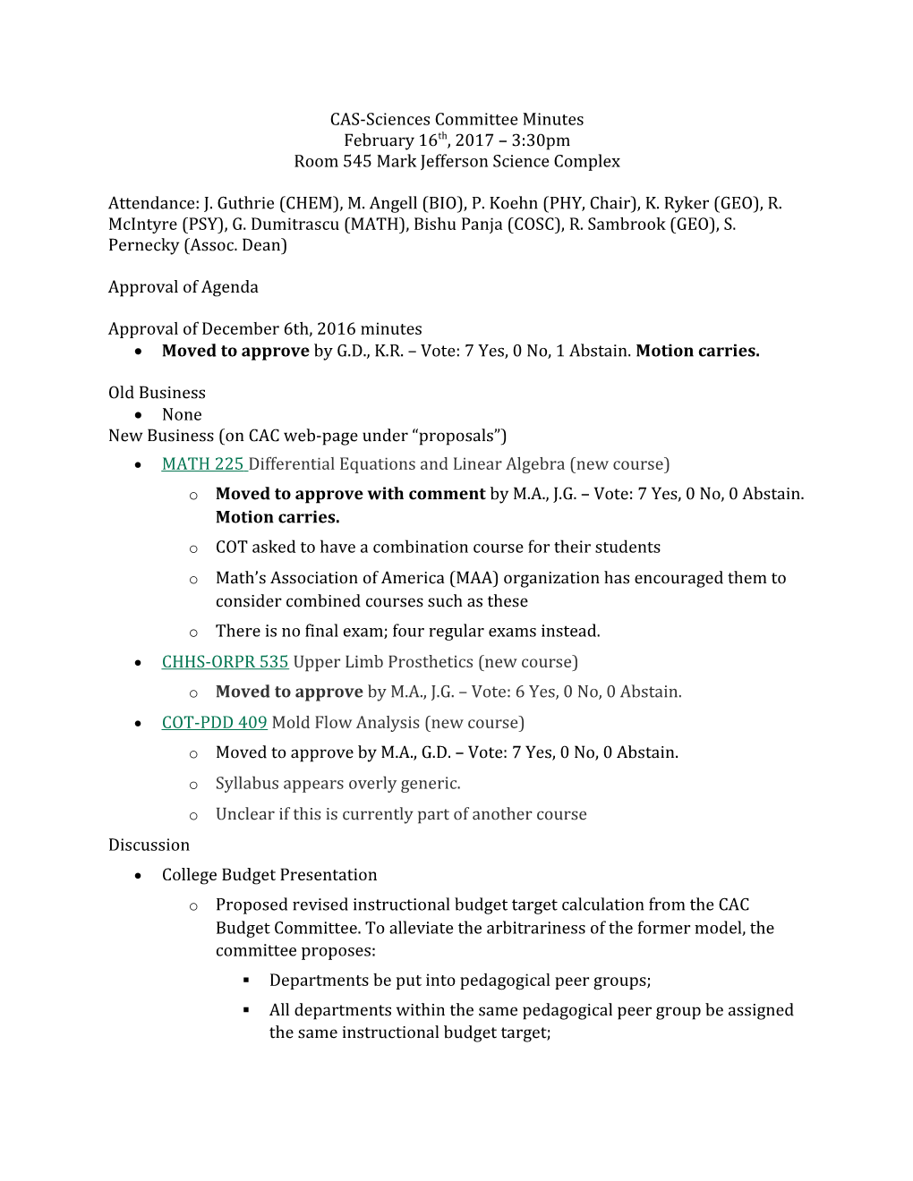 CAS-Sciences Committee Minutes