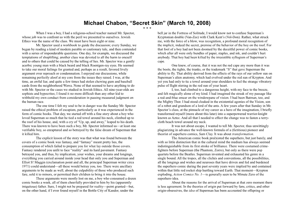 Michael Chabon, Secret Skin (March 10, 2008)