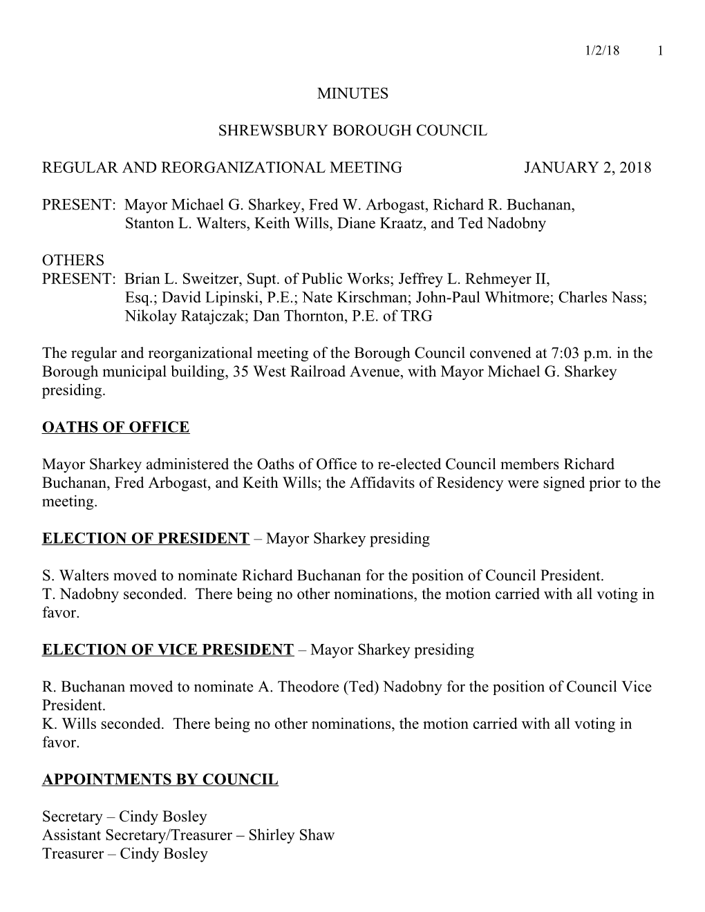 Regular and Reorganizational Meeting January 2, 2018