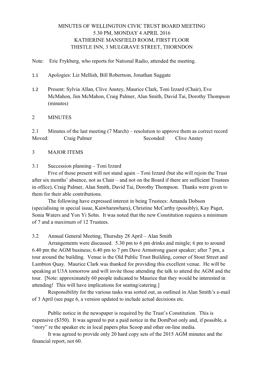 Minutes of Wellington Civic Trust Board Meeting