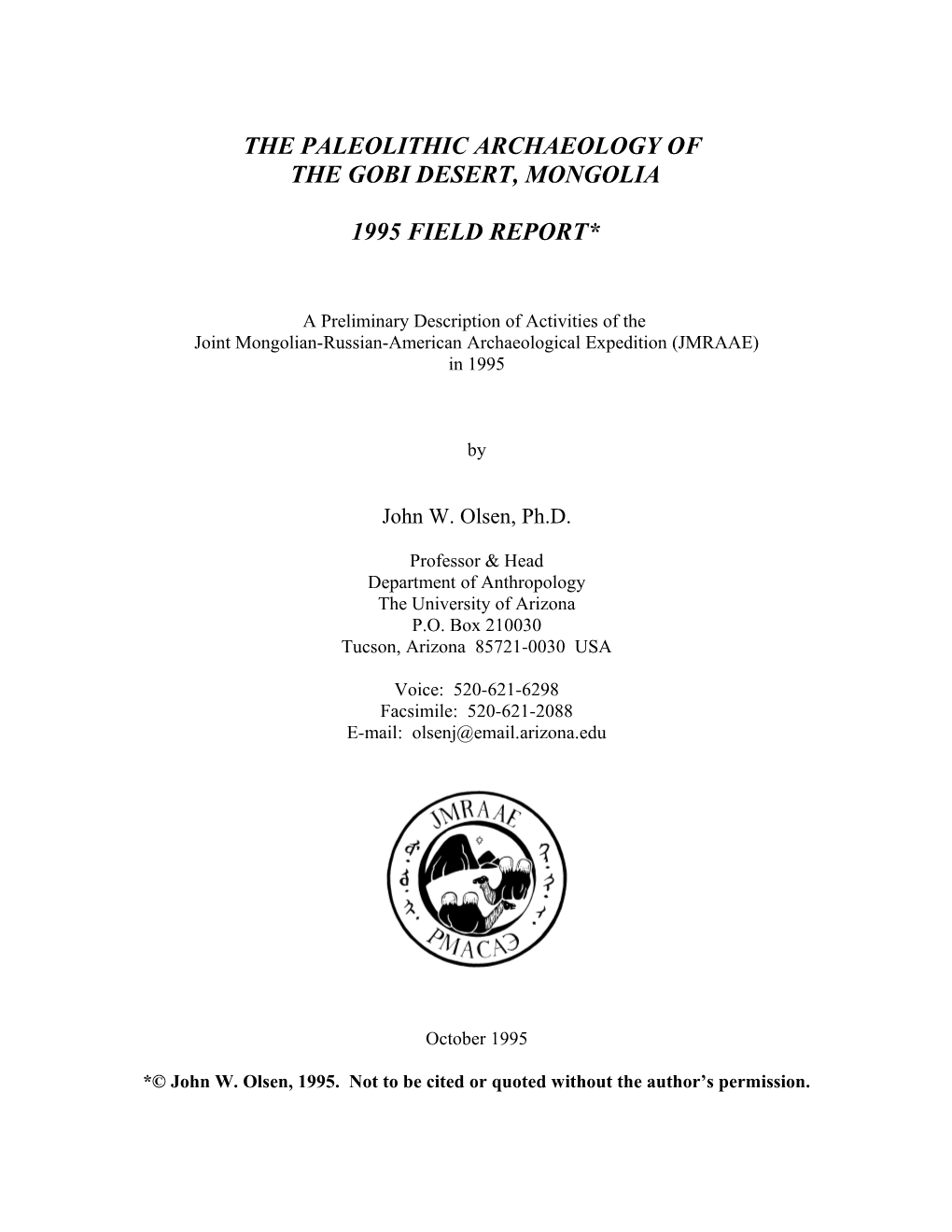 A Preliminary Report on Palaeolithic Archaeological