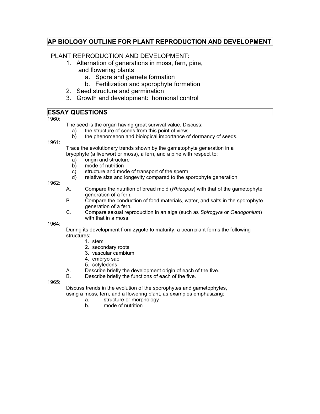 Ap Biology Outline for Plant Reproduction and Development