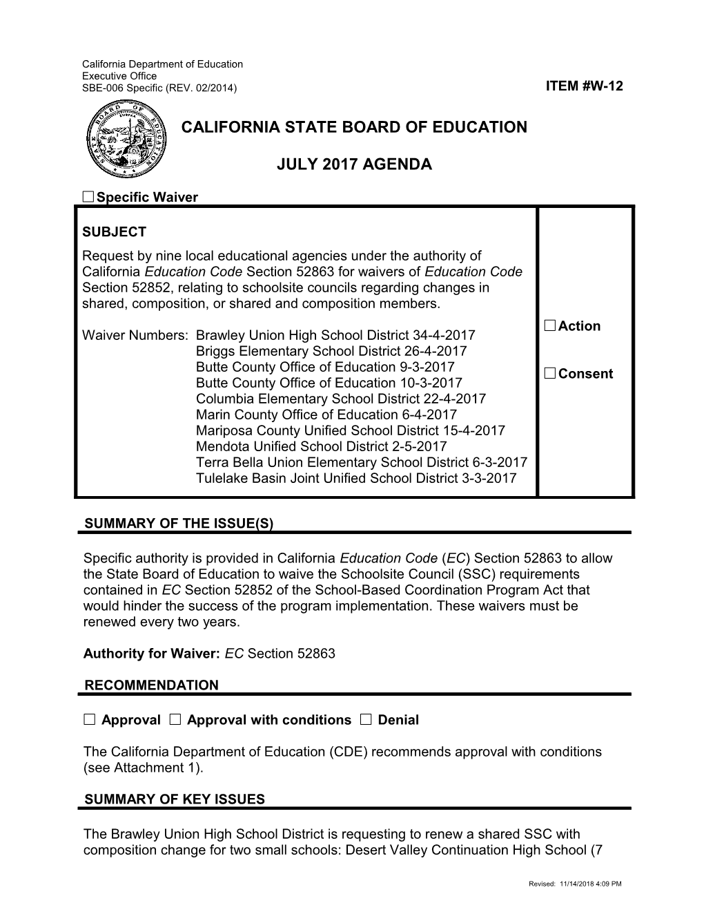 July 2017 Waiver Item W-12 - Meeting Agendas (CA State Board of Education)