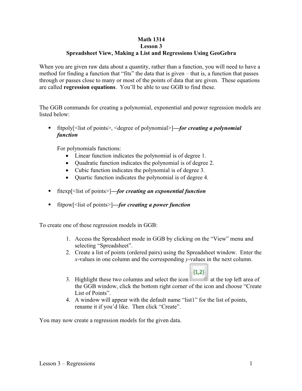 Lesson 3 Spreadsheet View, Making a List and Regressions Using Geogebra