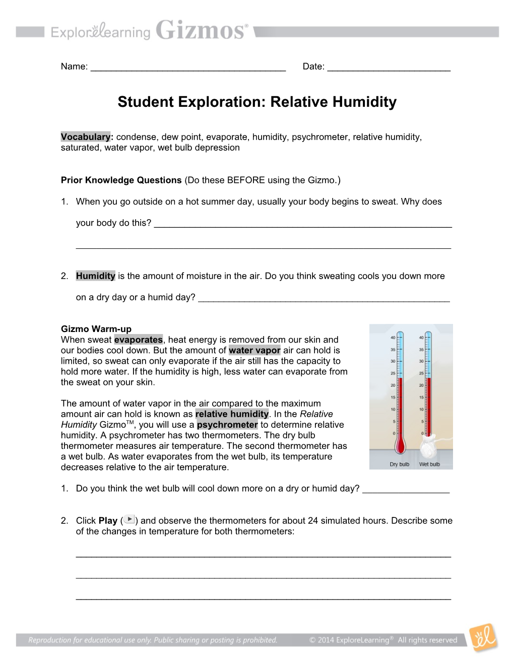 Student Exploration: Relative Humidity