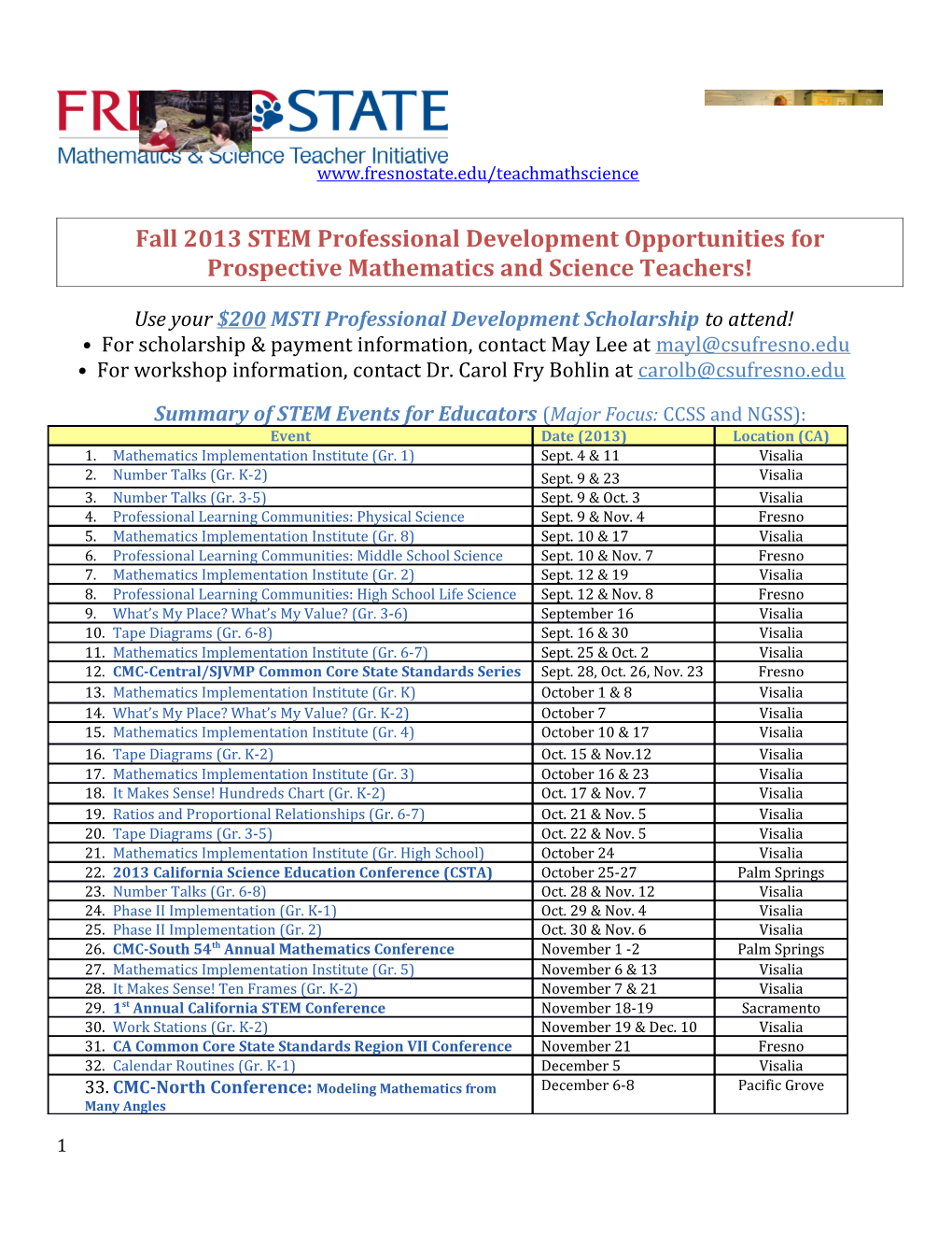 Fall 2013STEM Professional Development Opportunities for Prospective Mathematics and Science