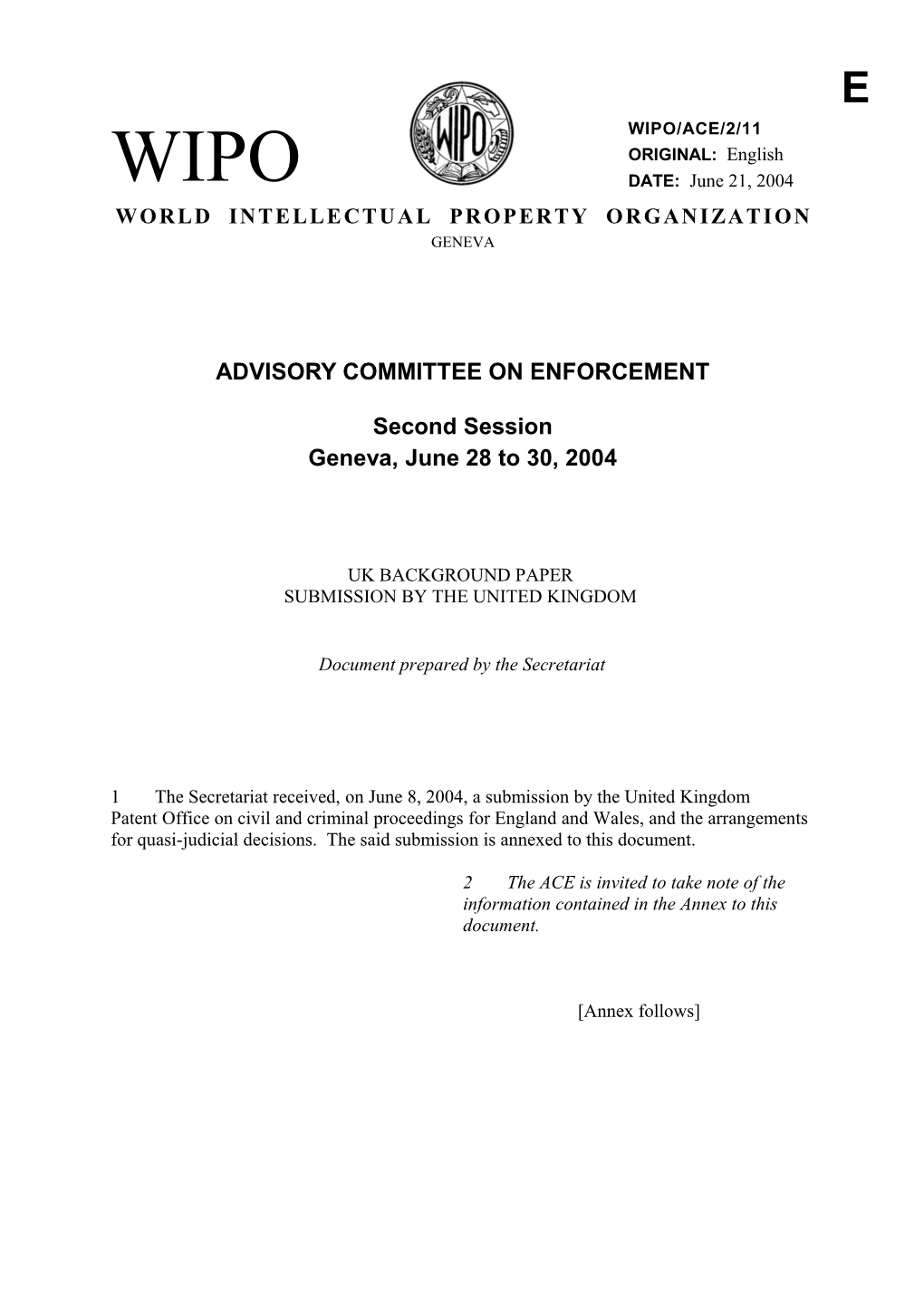 WIPO/ACE/2/11: UK Background Paper. Submission by the United Kingdom