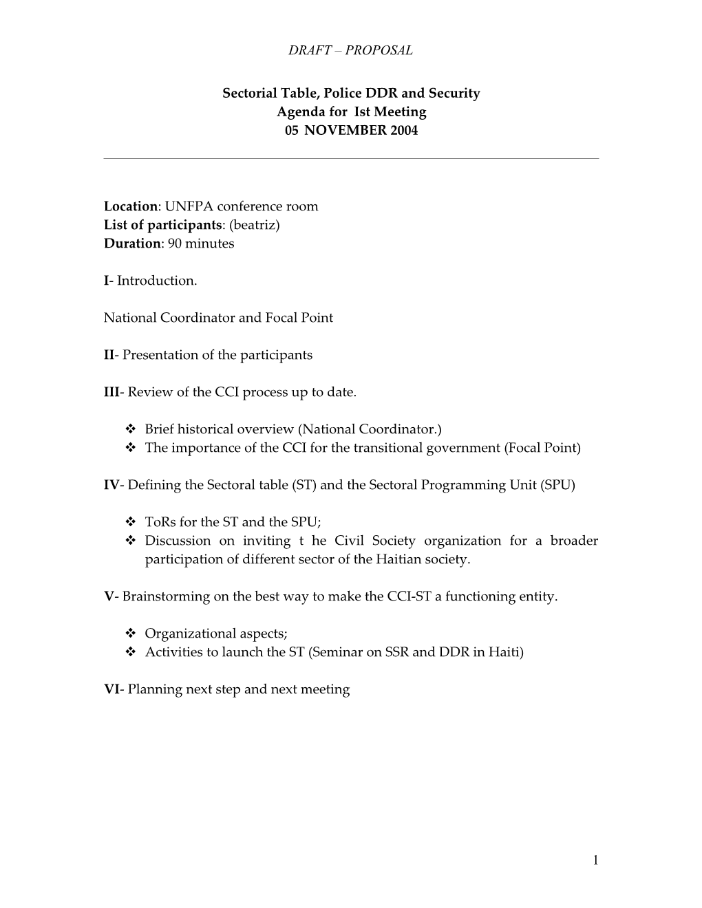 Agenda for 5Th of November 2004