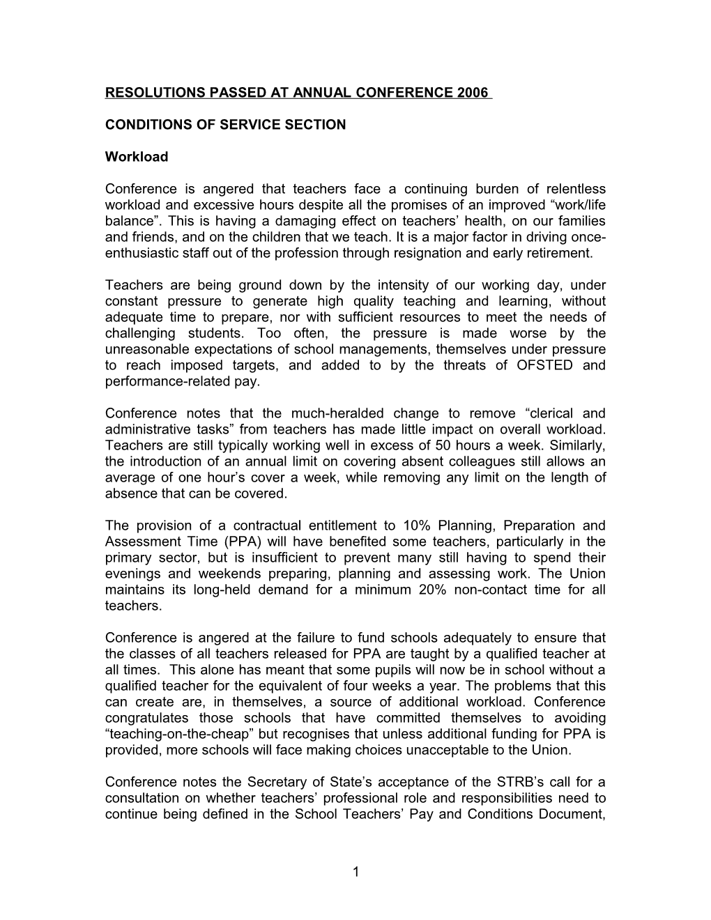 Resolutions Passed at Annual Conference 2006