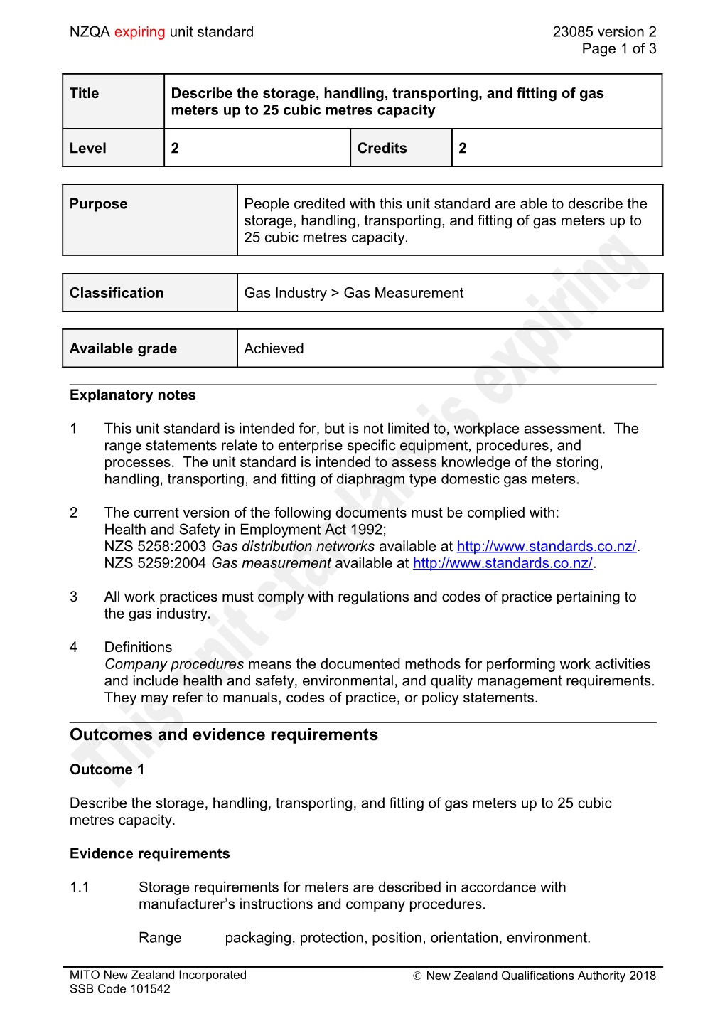 23085 Describe the Storage, Handling, Transporting, and Fitting of Gas Meters up to 25