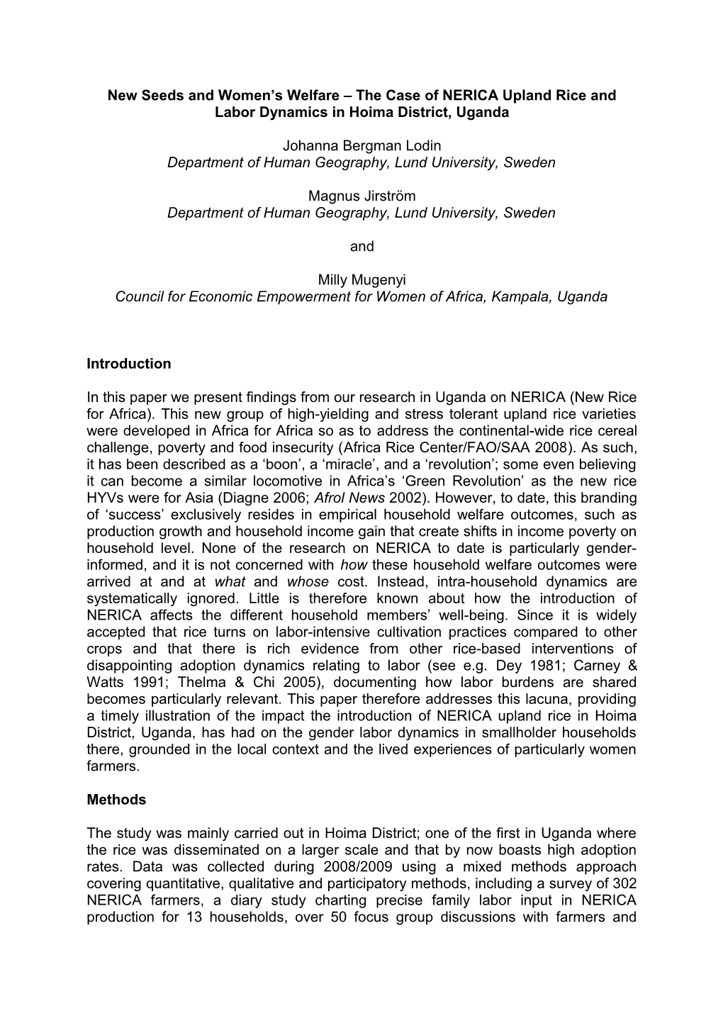New Seeds and Women S Welfare the Case of NERICA Upland Rice and Labor Dynamics in Hoima