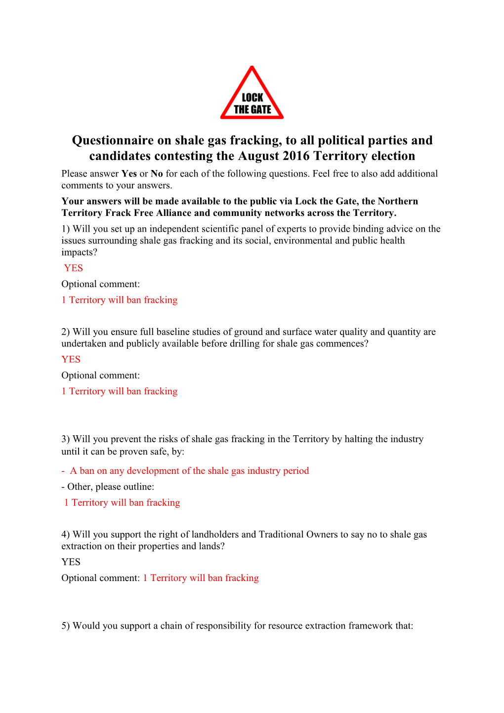 Questionnaire on Shale Gas Fracking, to All Political Parties and Candidates Contesting