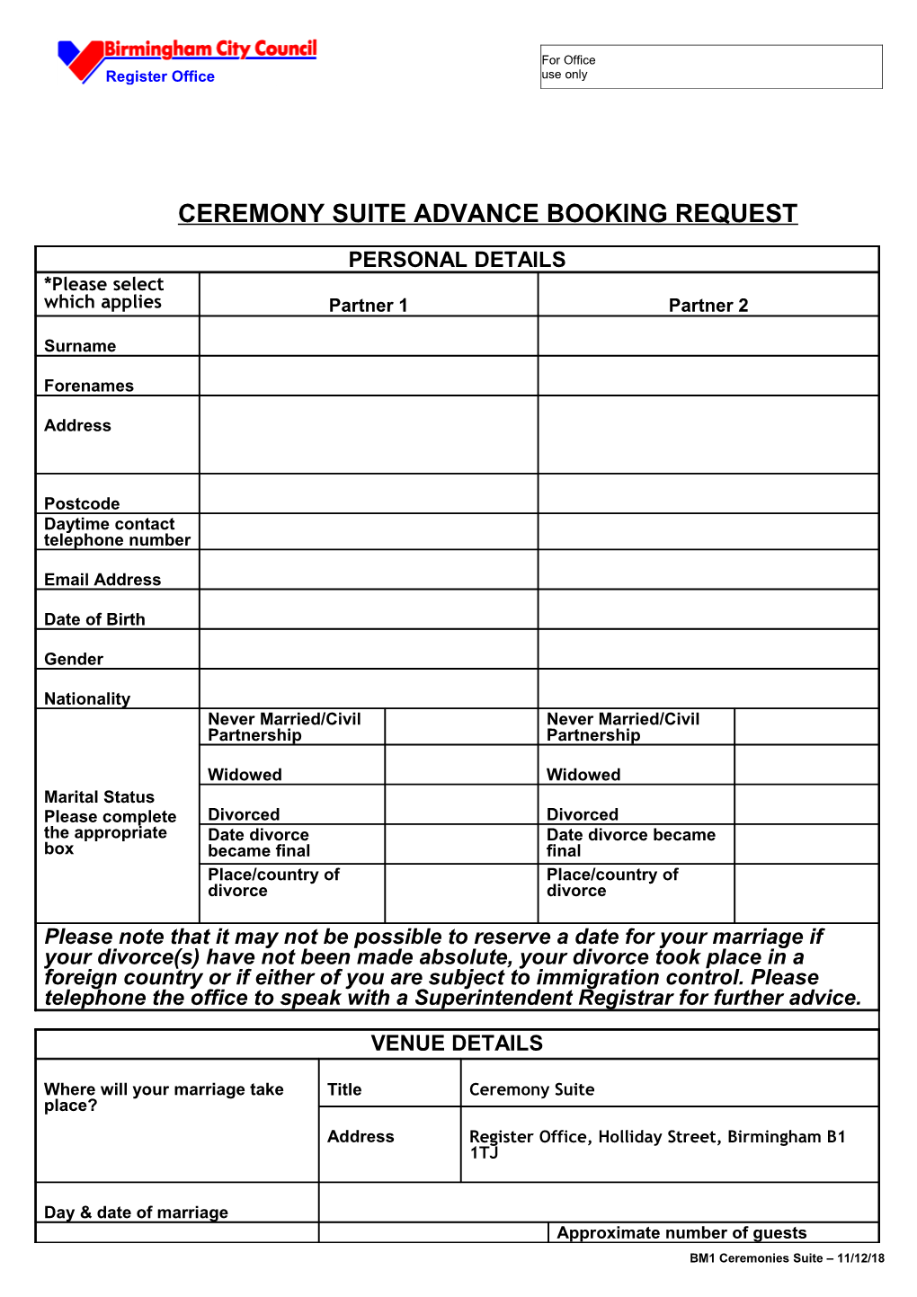 Ceremony Suite Advance Booking Request