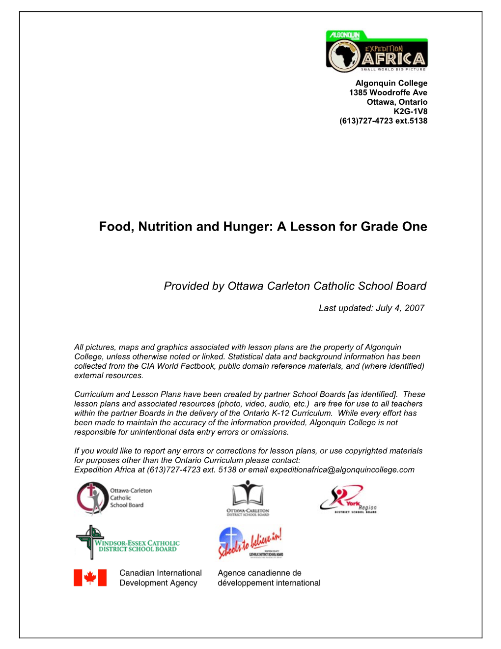 Food, Nutrition and Hunger: a Lesson for Grade One