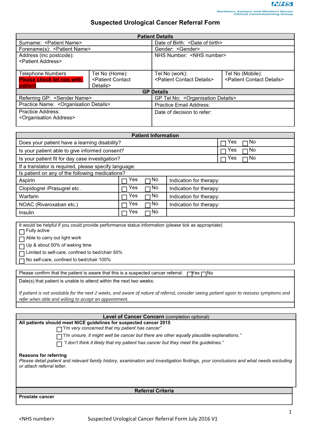 Suspected Urological Cancer Referral Form