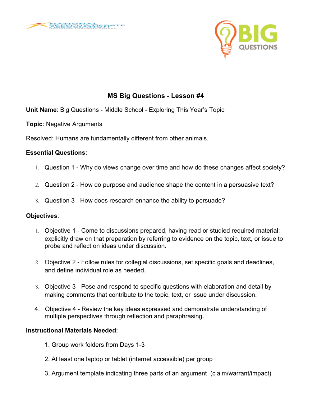 MS Big Questions - Lesson #4