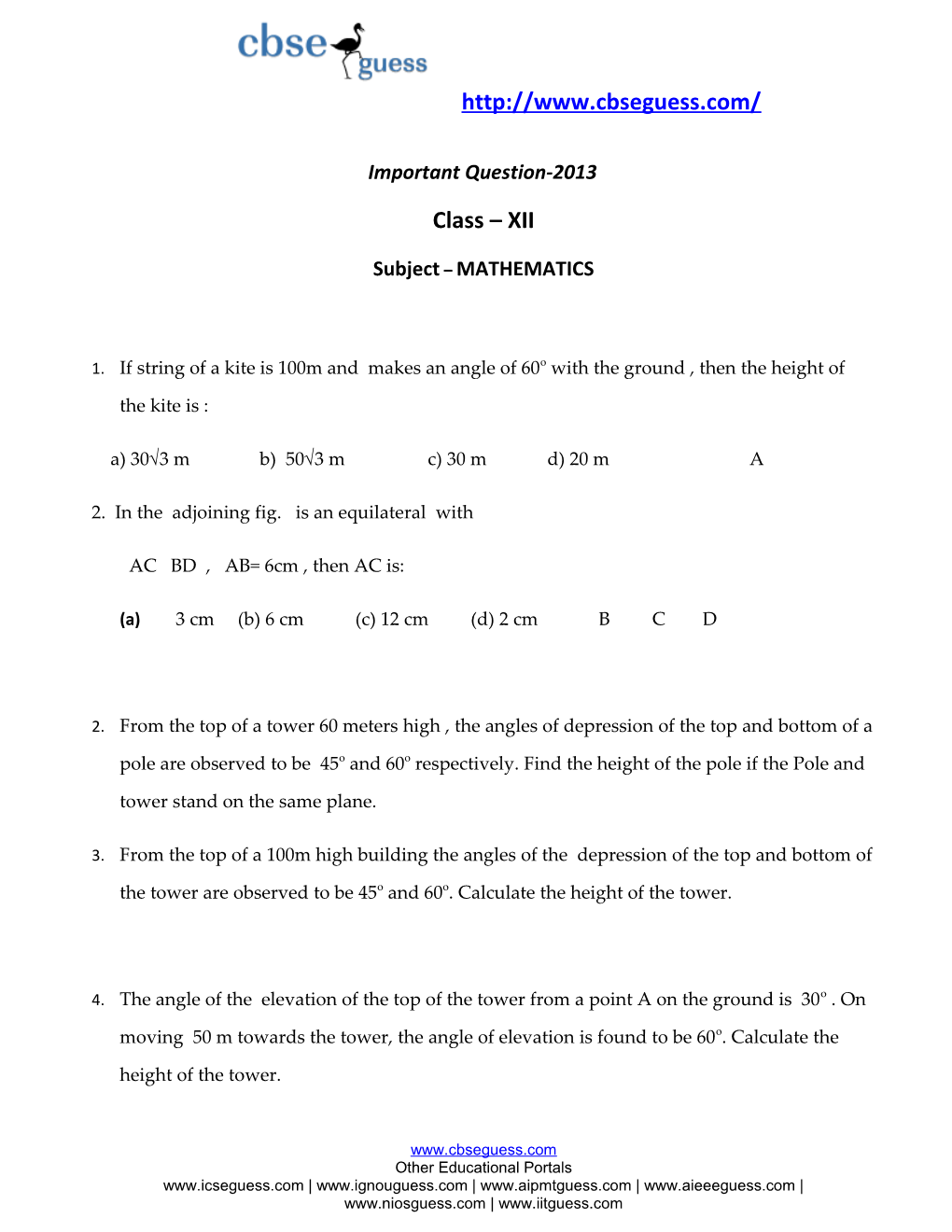 Mathematics Assignment Class : X Topic: Trigonometry Contd