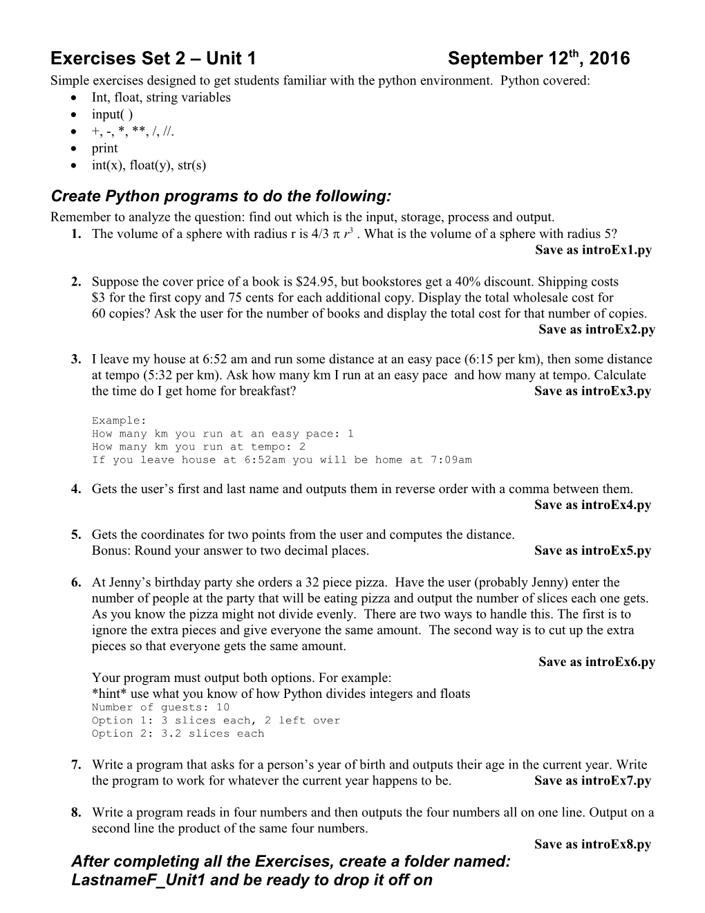 Introductory Exercises Unit 1