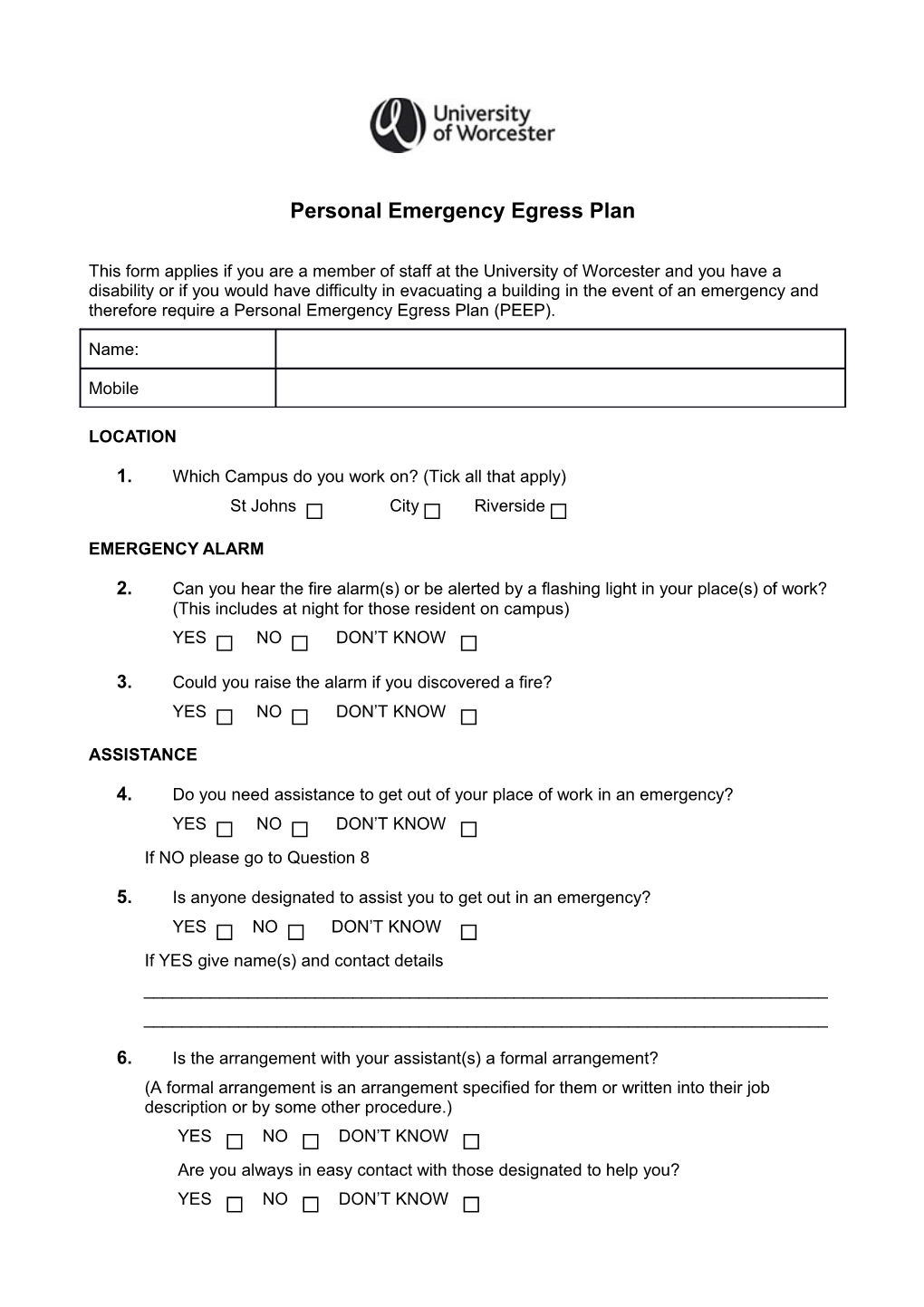 Personal Emergency Egress Plan