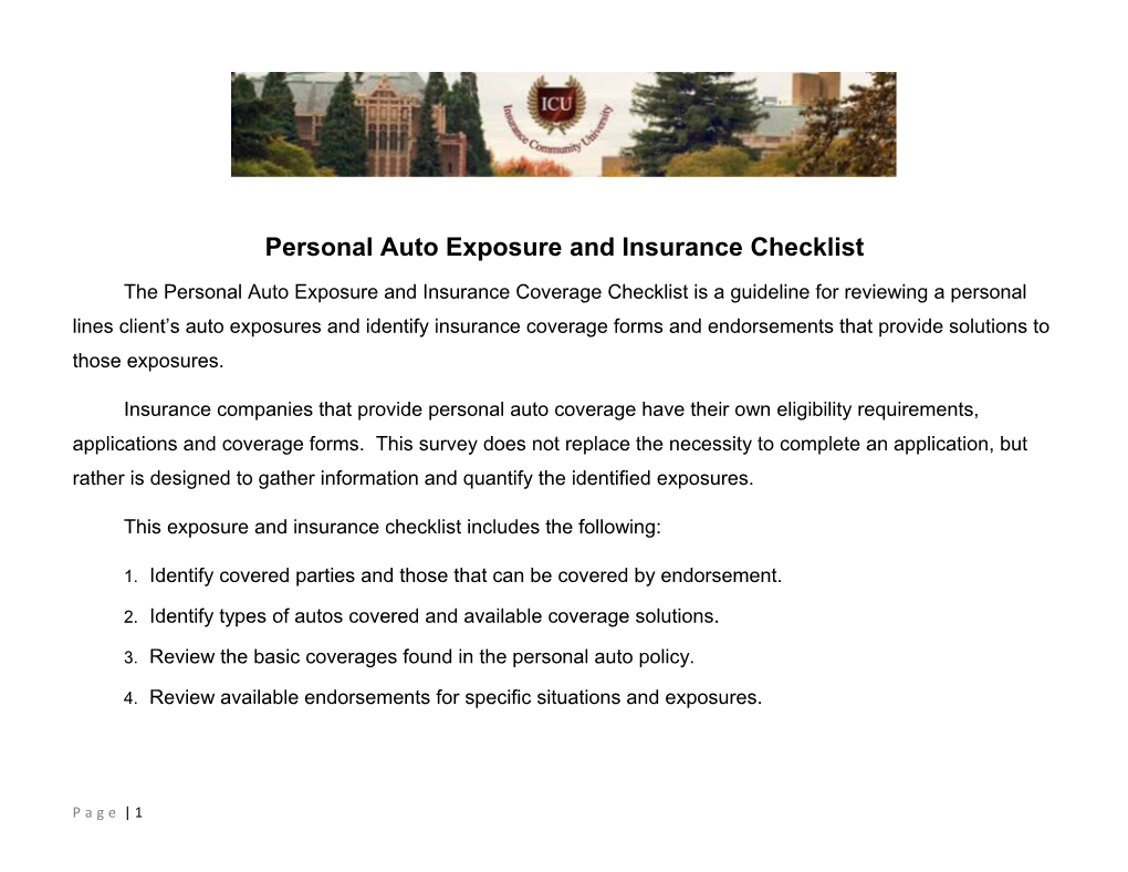 Personal Auto Exposure and Insurance Checklist