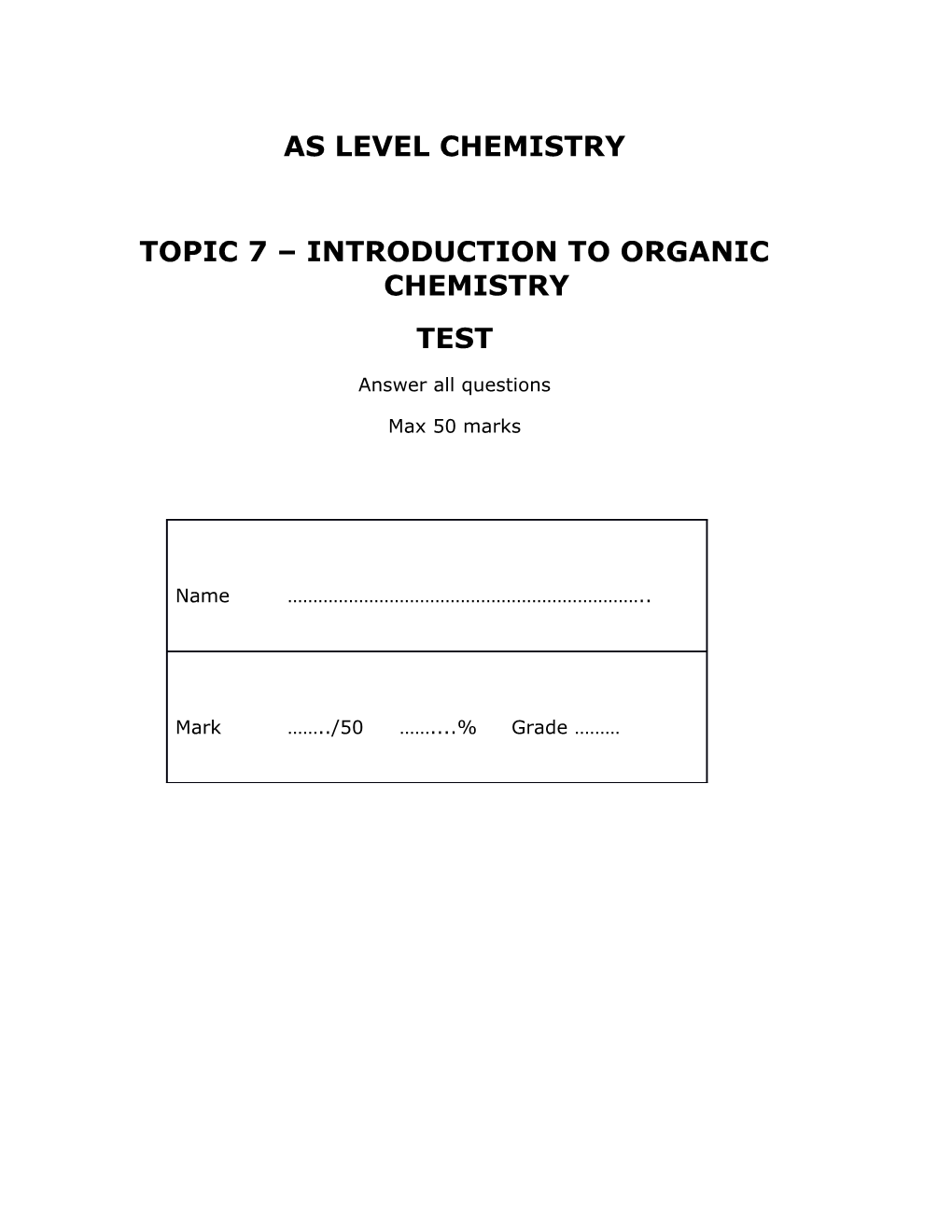 Topic 7 Introduction to Organic Chemistry
