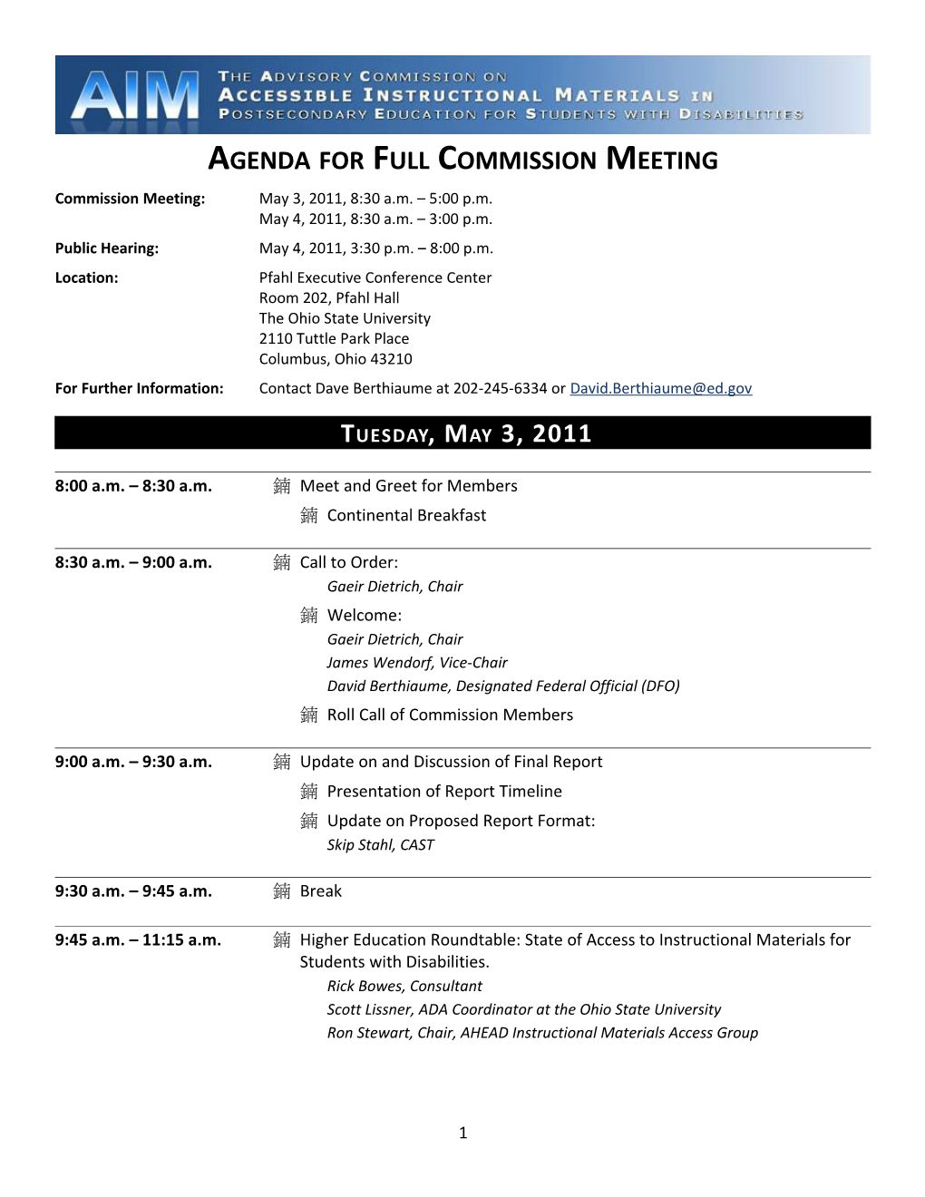 Agenda for Full Commission Meeting, Columbus, Ohio. May 4-5, 2011 (MS Word)