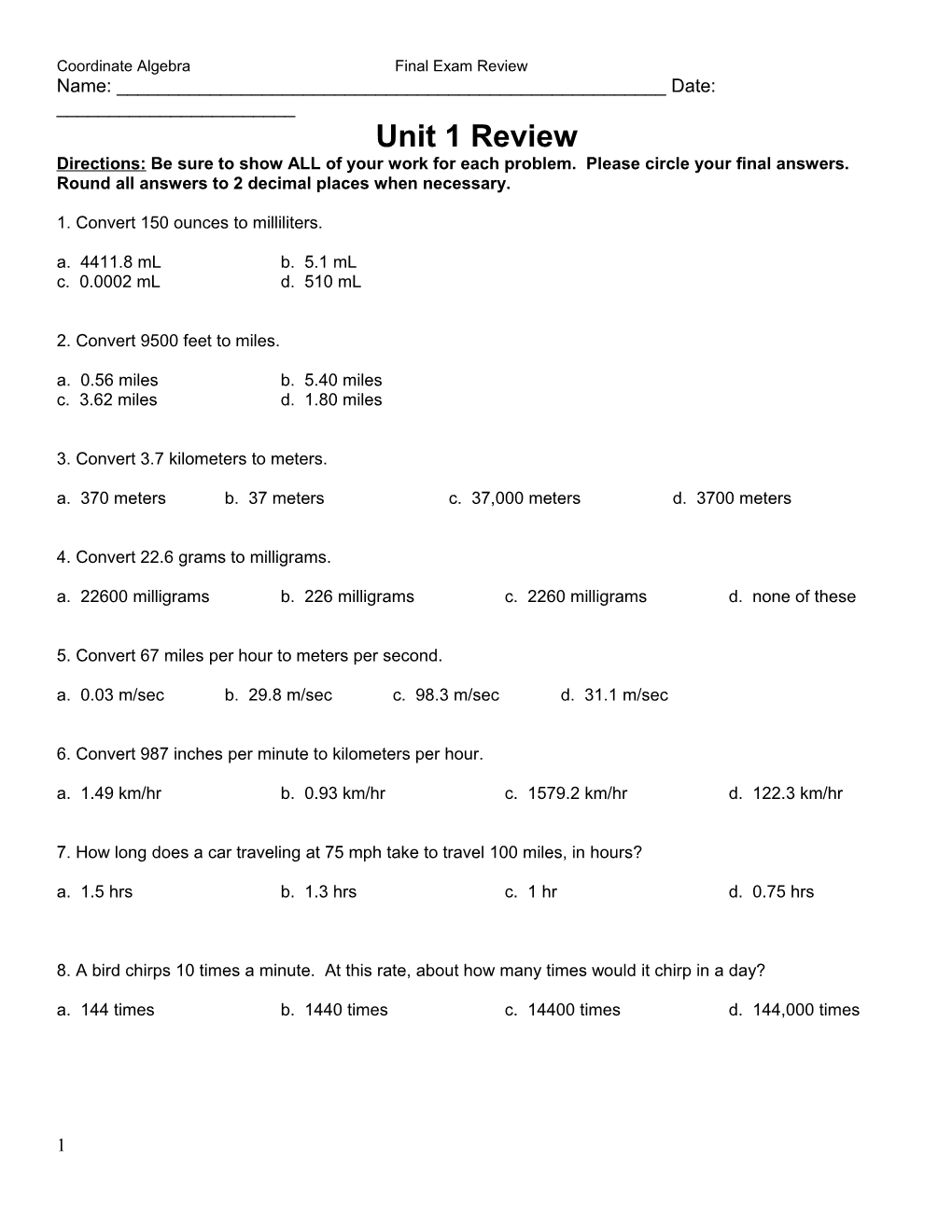 Coordinate Algebra Final Exam Review