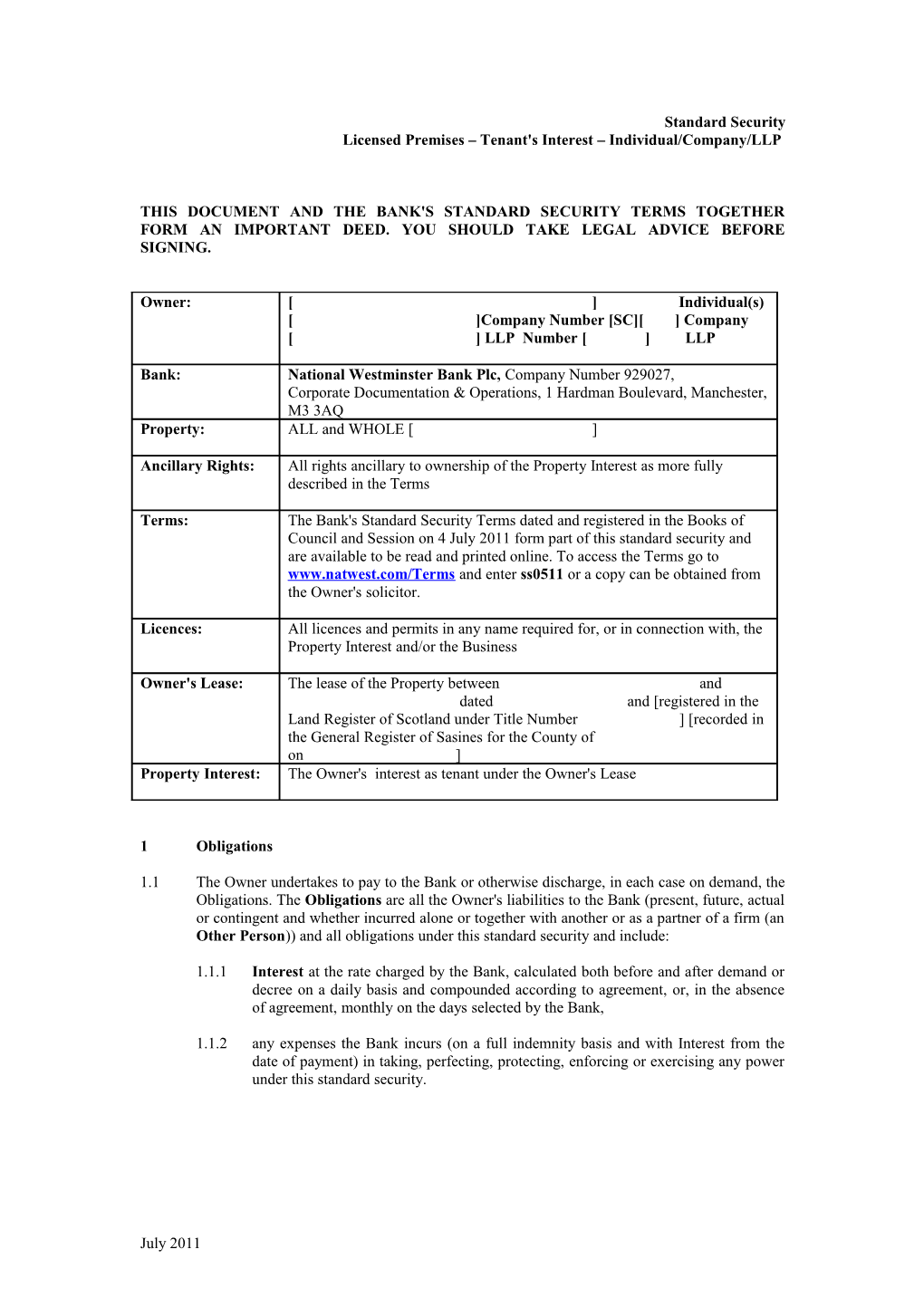 Licensed Premises Tenant's Interest Individual/Company/LLP