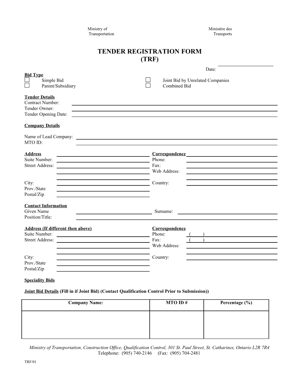 Tender Registration Form