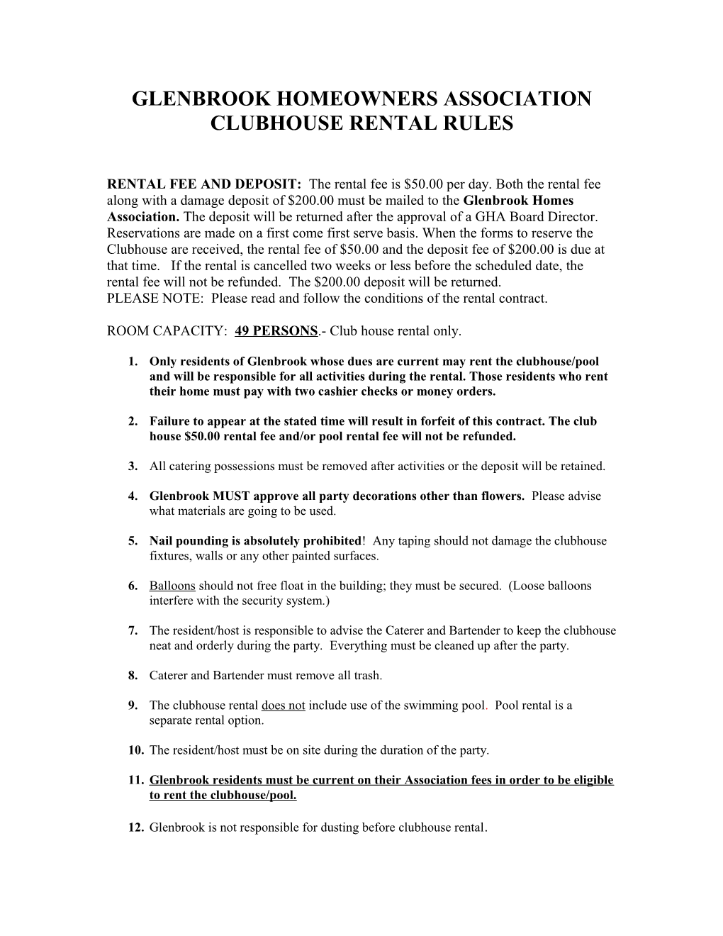 Glenbrook Homeowners Association Clubhouse Rental Rules