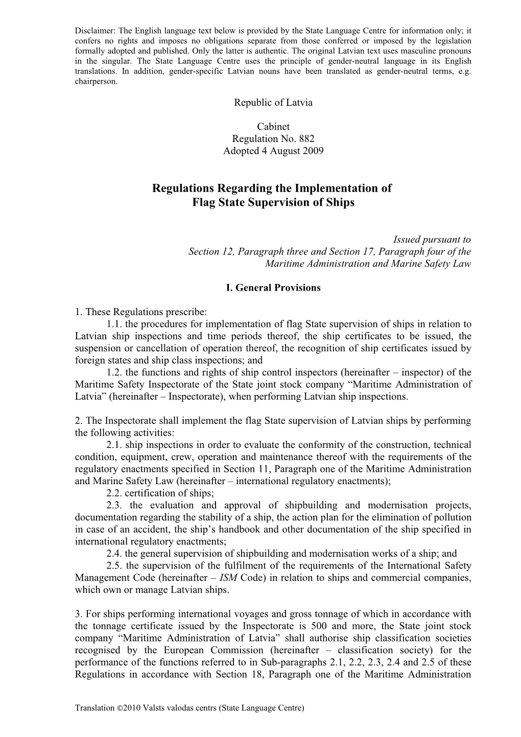 Regulations Regarding the Implementation of Flagstate Supervision of Ships