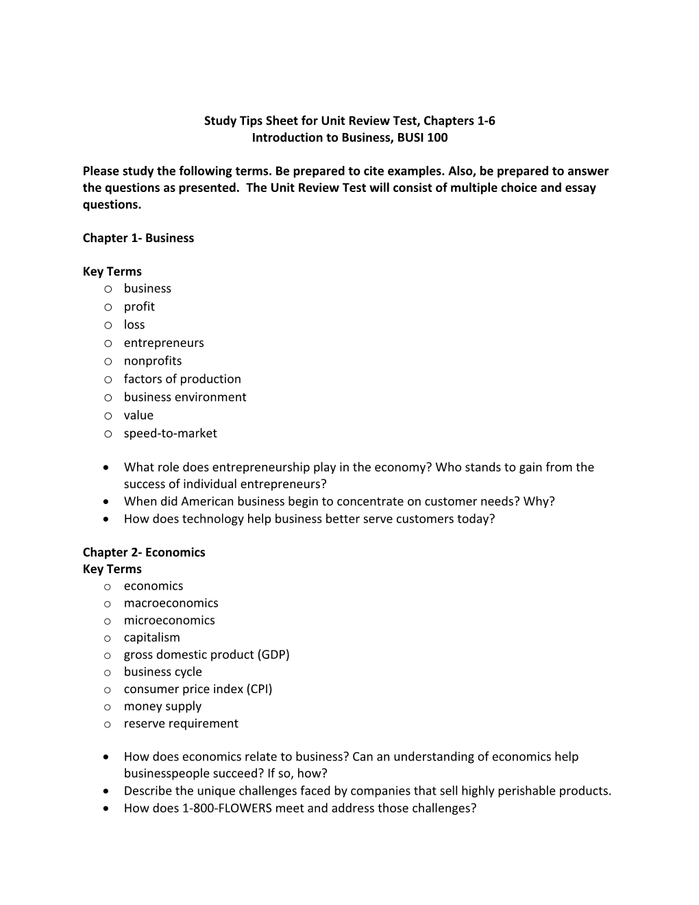 Study Tips Sheet for Unit Review Test, Chapters 1-6