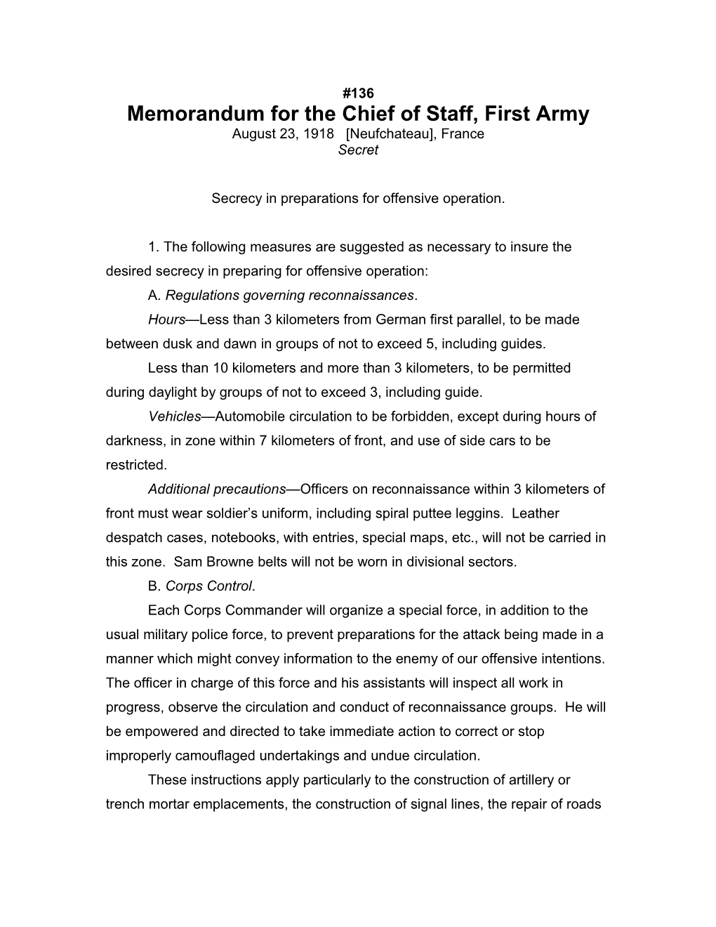 Memorandum for the Chief of Staff, First Army