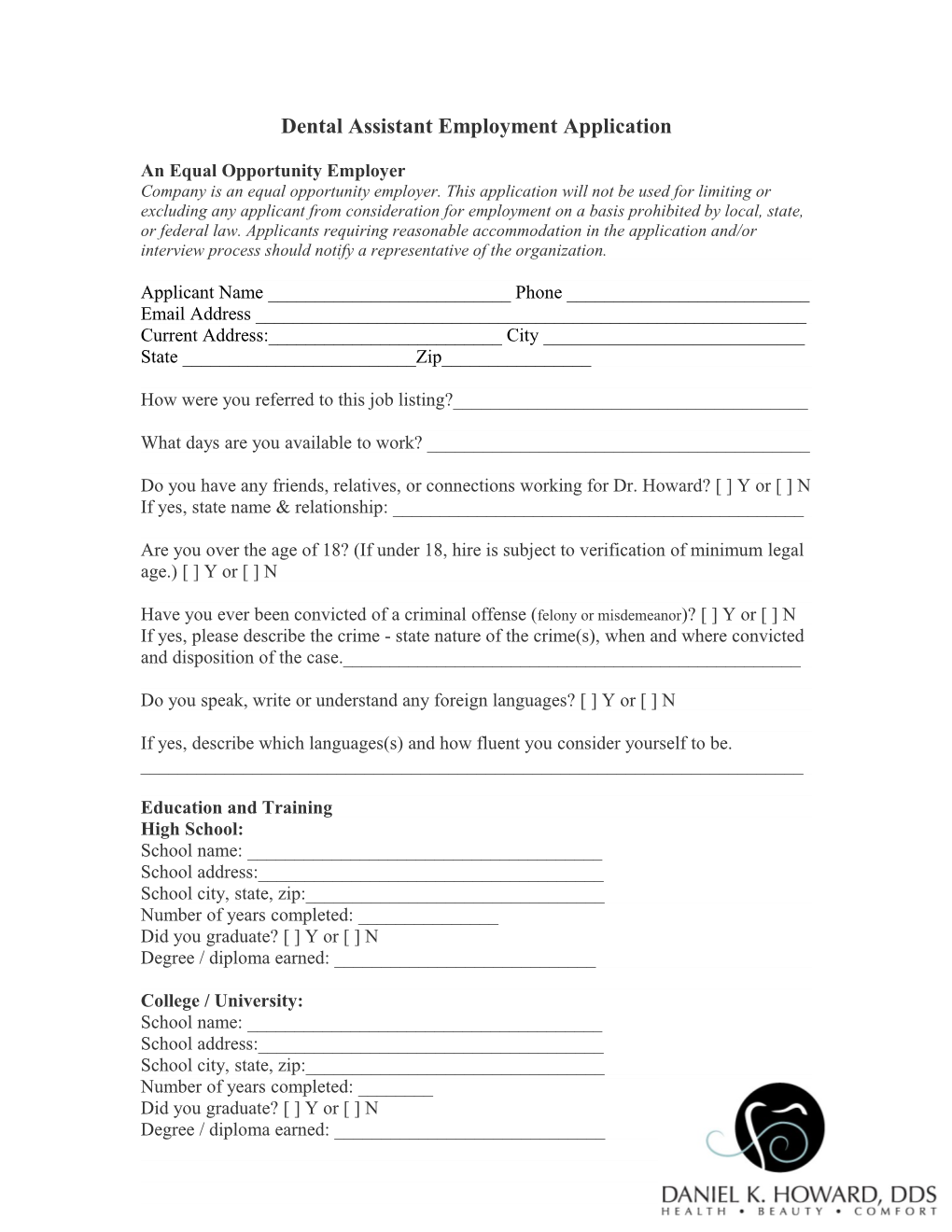 Dental Assistant Employment Application