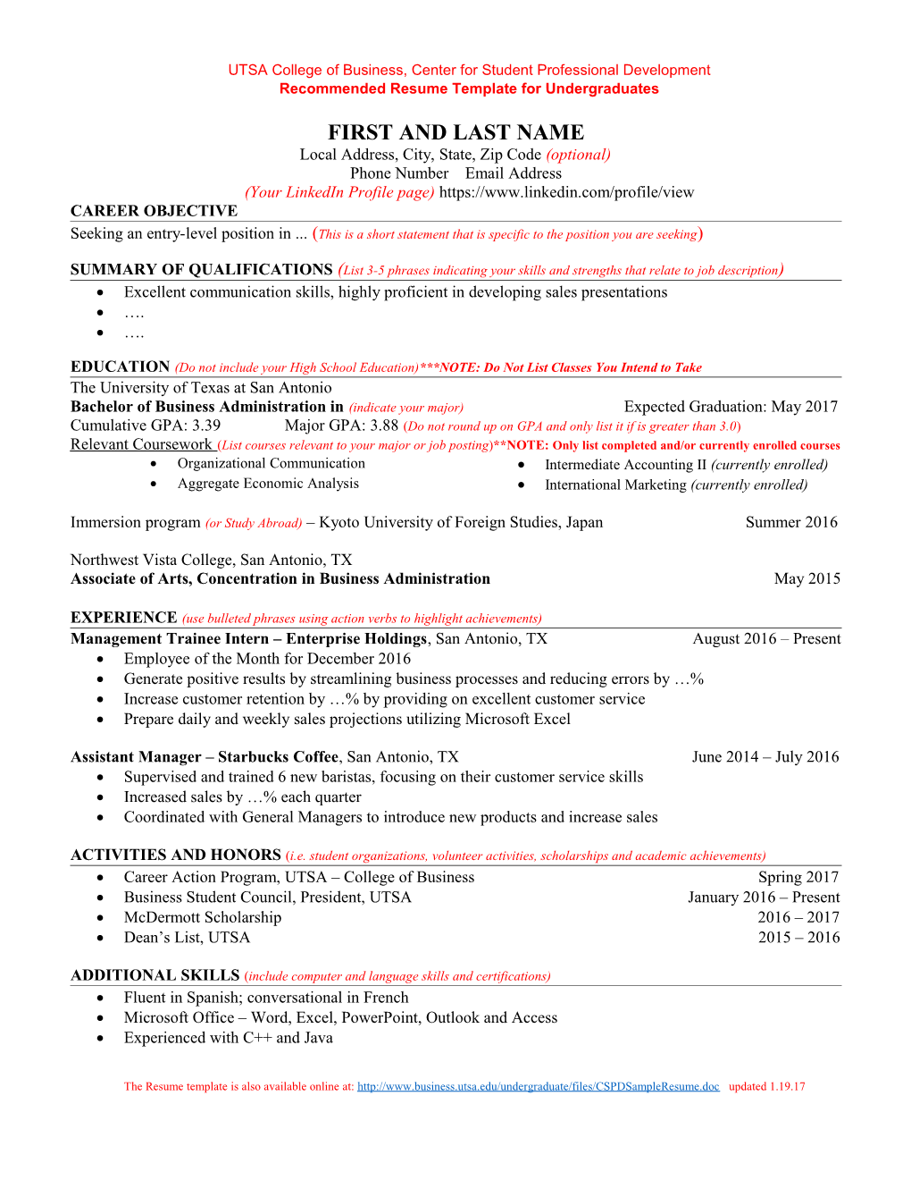 Recommended Resume Template for Undergraduates
