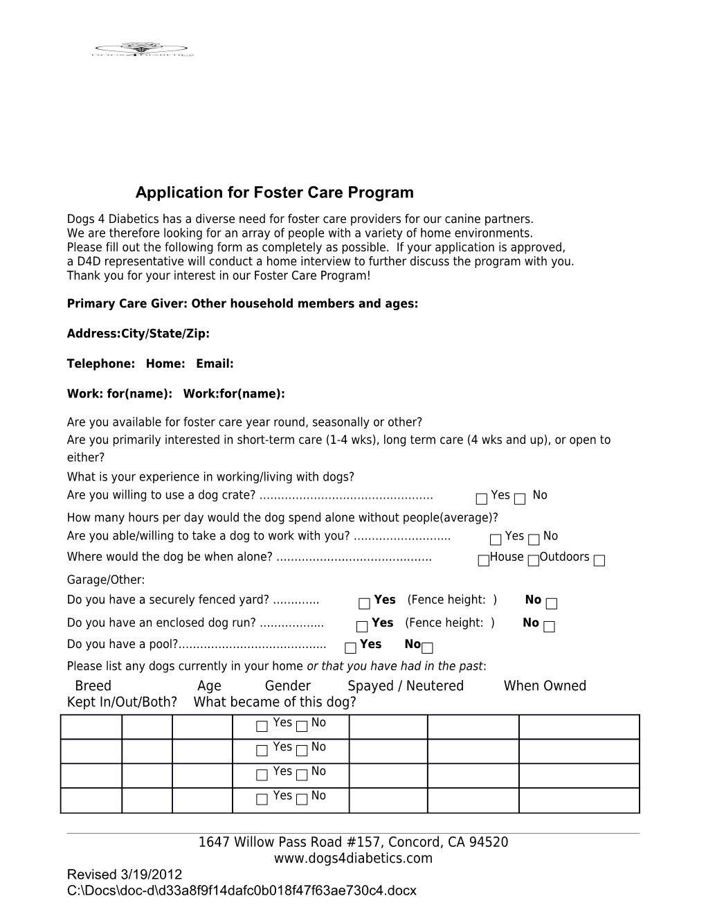 Application for Foster Care Program