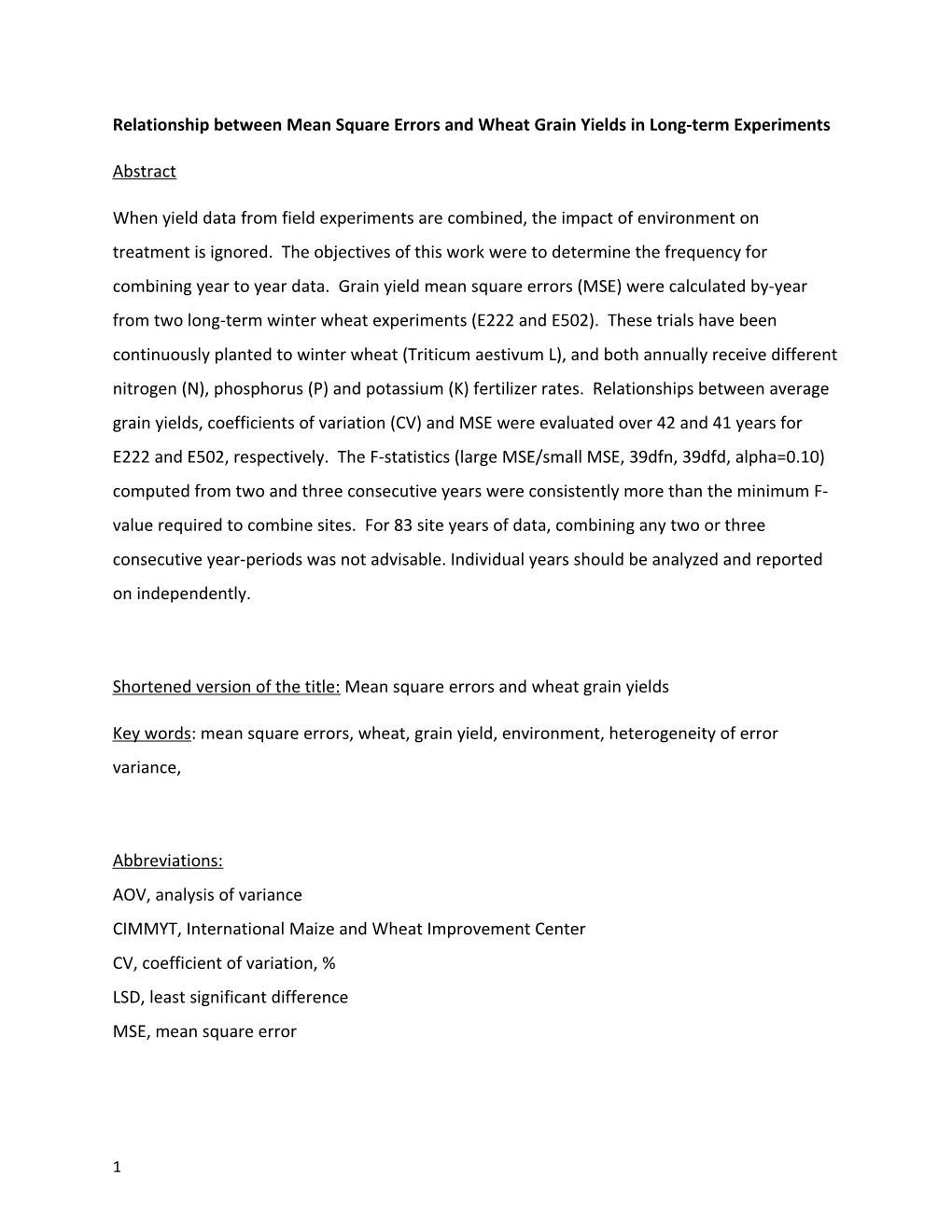 Relationship Between Mean Square Errors and Wheat Grain Yields in Long-Term Experiments