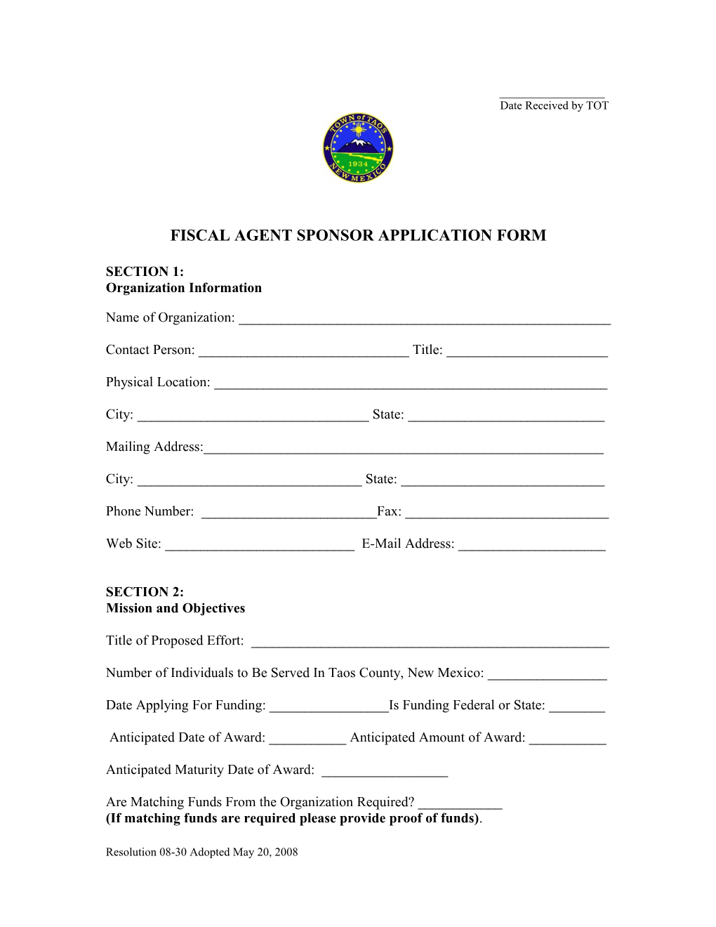 Fiscal Agent Sponsor Application Form