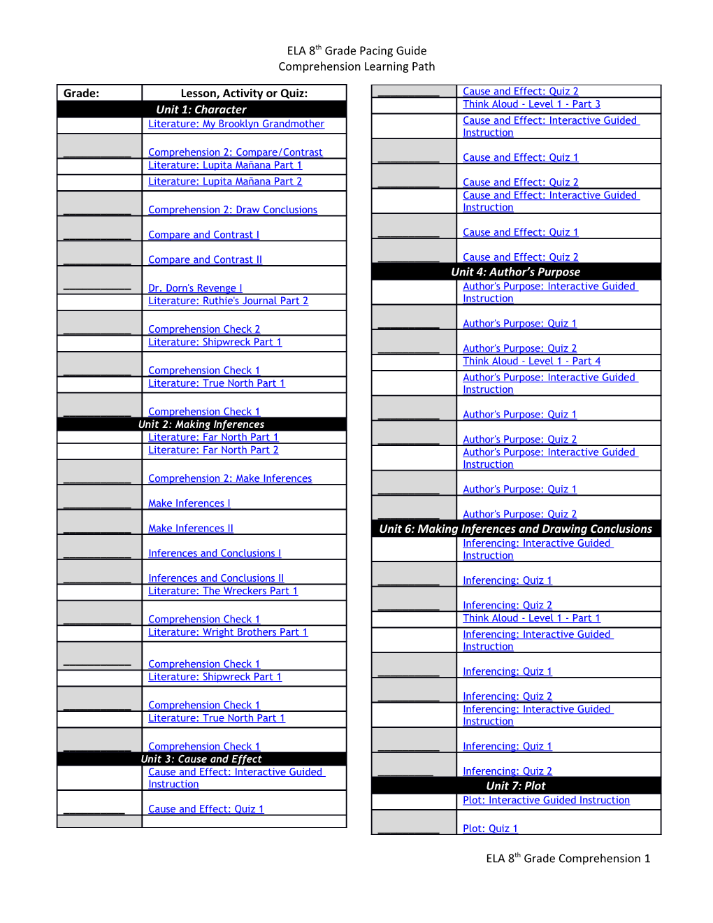 ELA 8Th Grade Pacing Guide